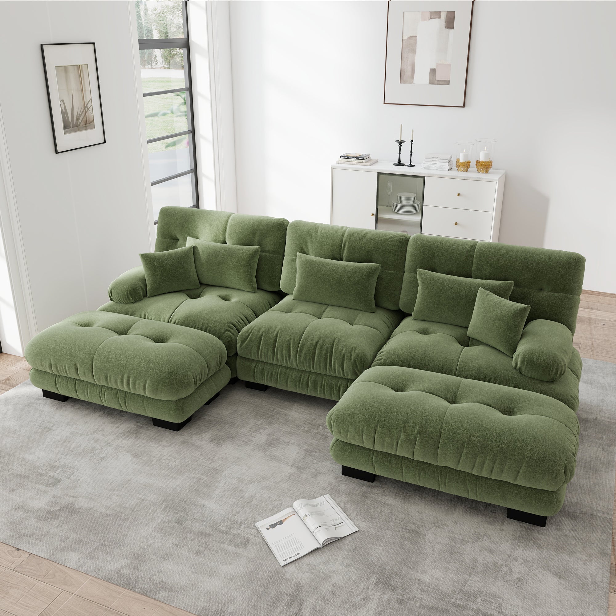 Canapé d'angle modulable, Canapé 3 places confortables avec pouf mobile,&nbsp;coussins décoratifs et lombaires inclus, Canapé U pour salon,&nbsp;chenille, Vert - 2