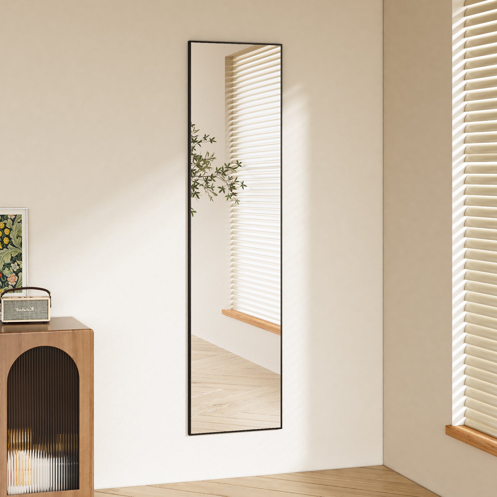 Espejo de cuerpo entero 160 × 40 cm – Espejo de pie y colgante con marco de aluminio negro, estilo moderno, para dormitorio, salón y pasillo - 8