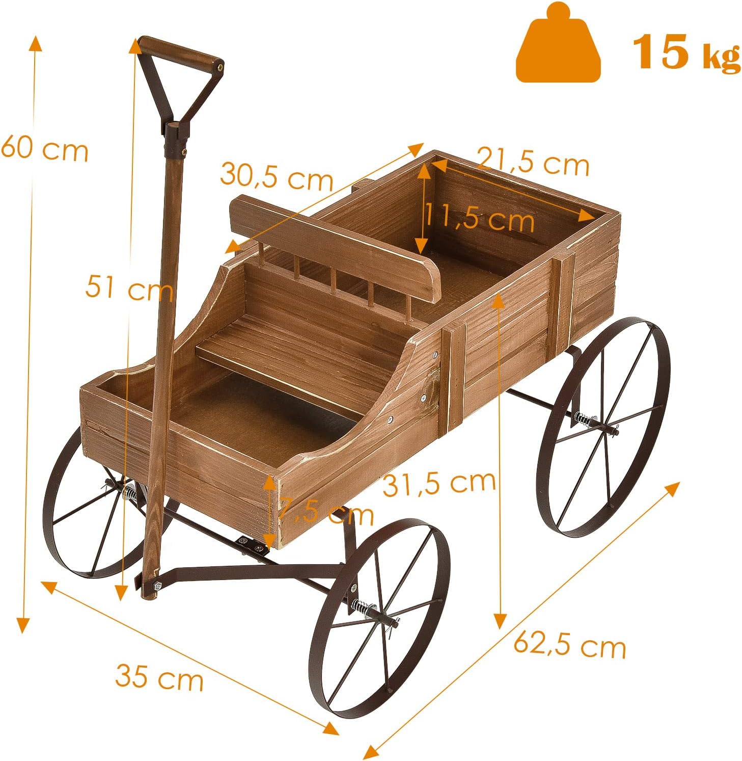 Brouette Décorative en Bois- 35×62,5×60cm- 2 Compartiments à Plantere-Jardinière Forme Brouette Chariot-Jusqu’à 15kg-Marron - 3