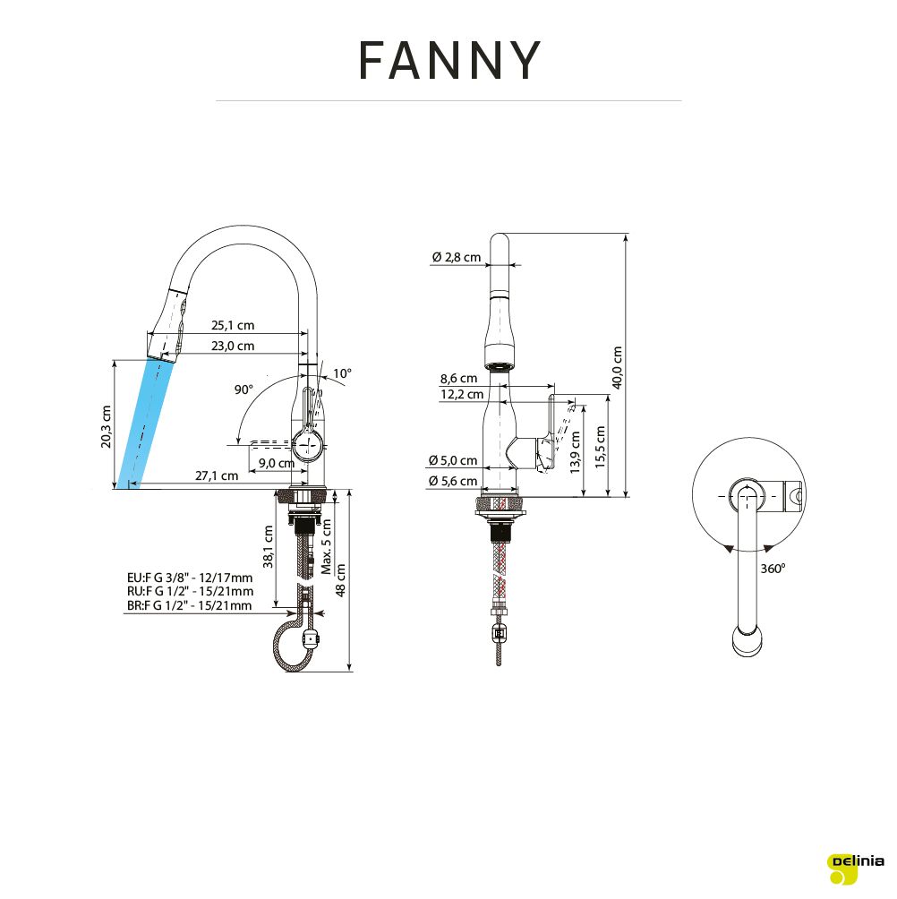 Rubinetto da cucina con canna alta e doccetta estraibile FANNY - 3 tipi di getto - Cromo spazzolato - DELINIA - 7