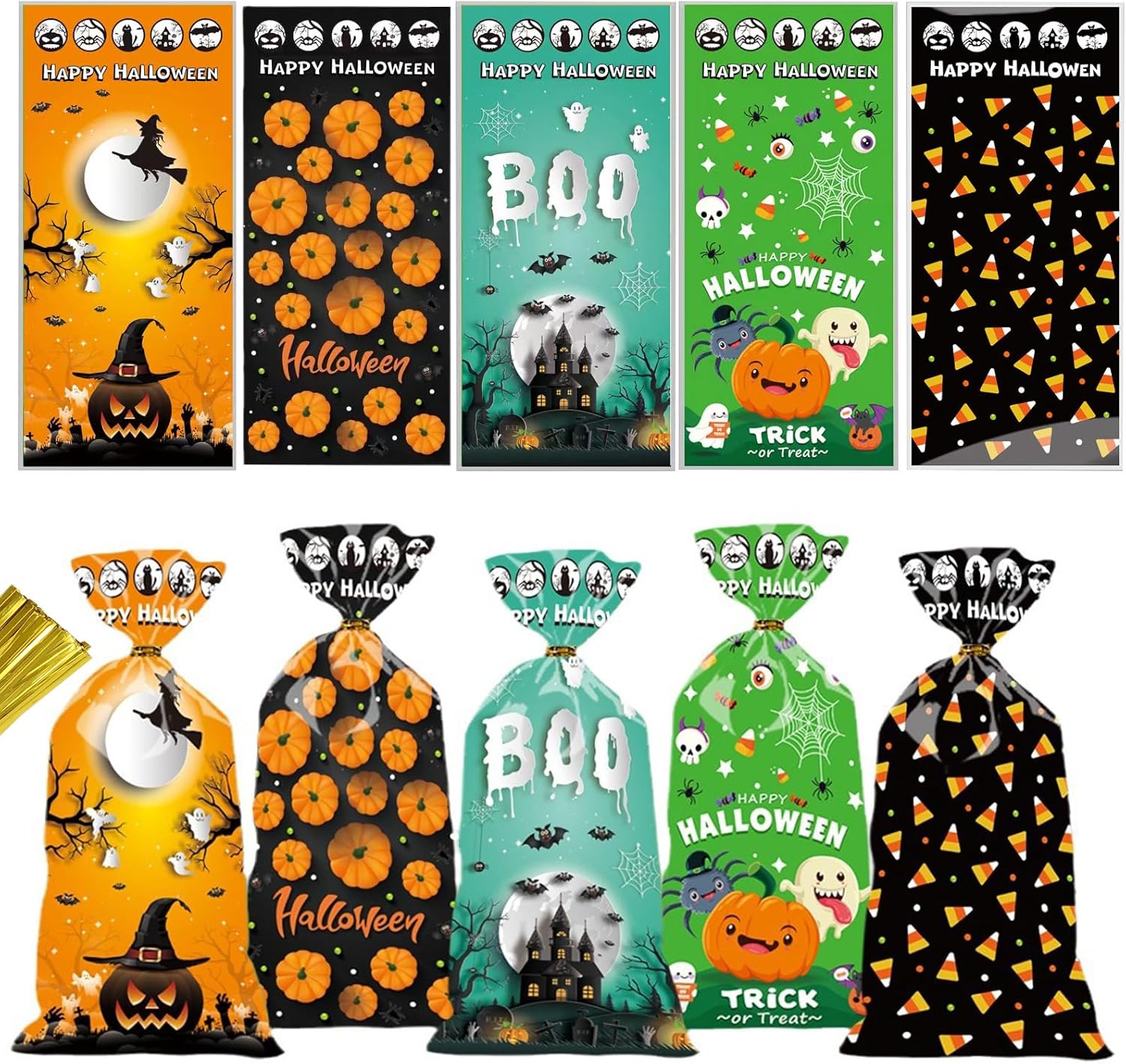 50 sztuk celofanowych torebek na słodycze na Halloween, skręcanych celofanowych torebek na cukierki na Halloween
