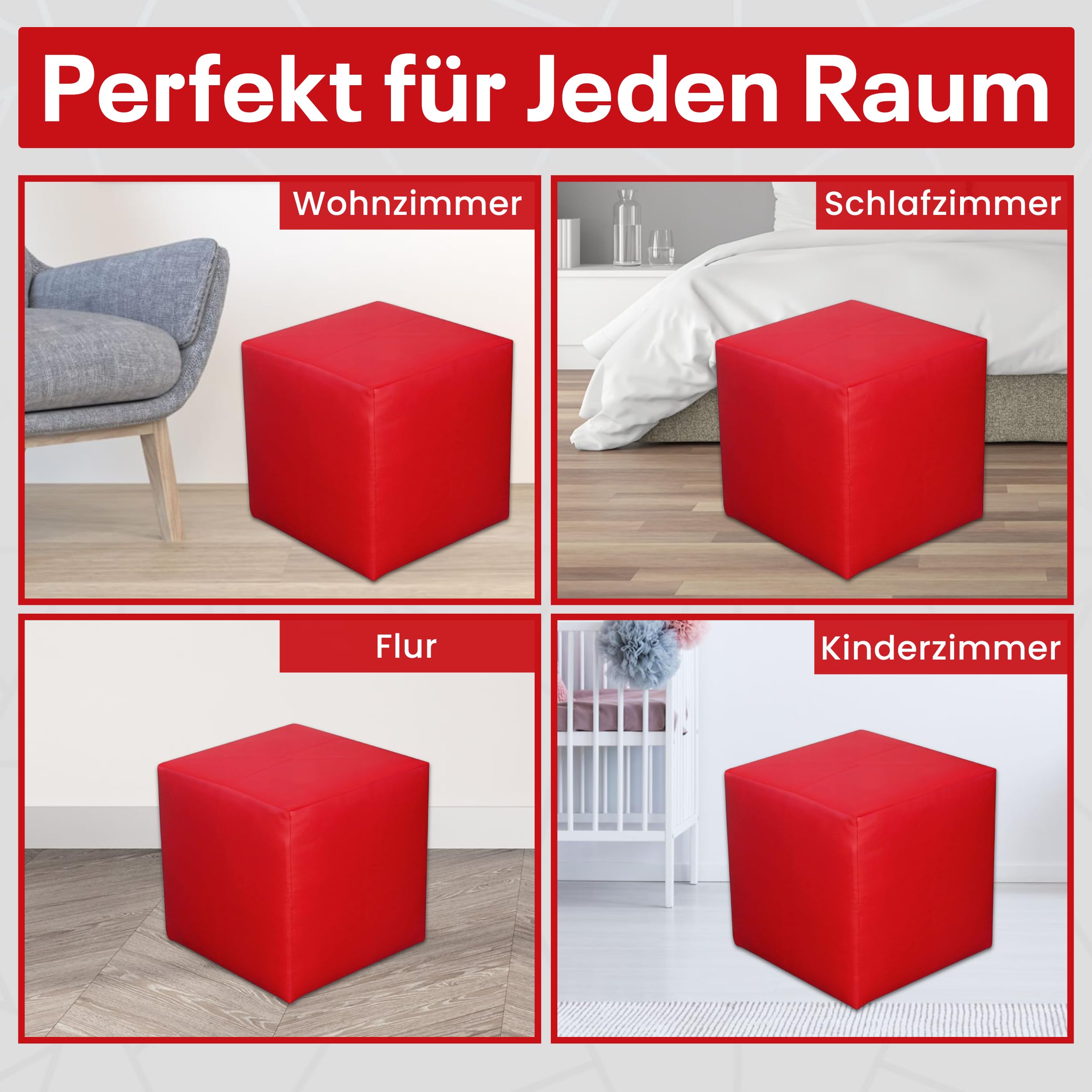 Sitzwürfel / Siège Pouf - Rouge, 40X40X40 Cm, Assise Rembourrée En Simili Cuir, Confortable Pour Salon, Chambre Ou Bureau - 3