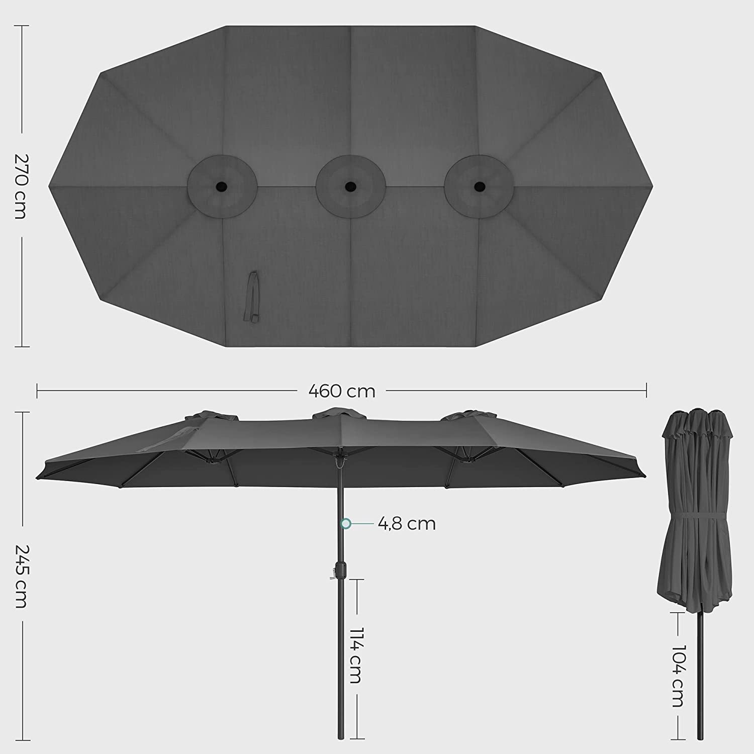 Ombrelle extra large parasol 460 x 270 cm, protection UPF 50+, pour jardin, extérieur,Gris - 5
