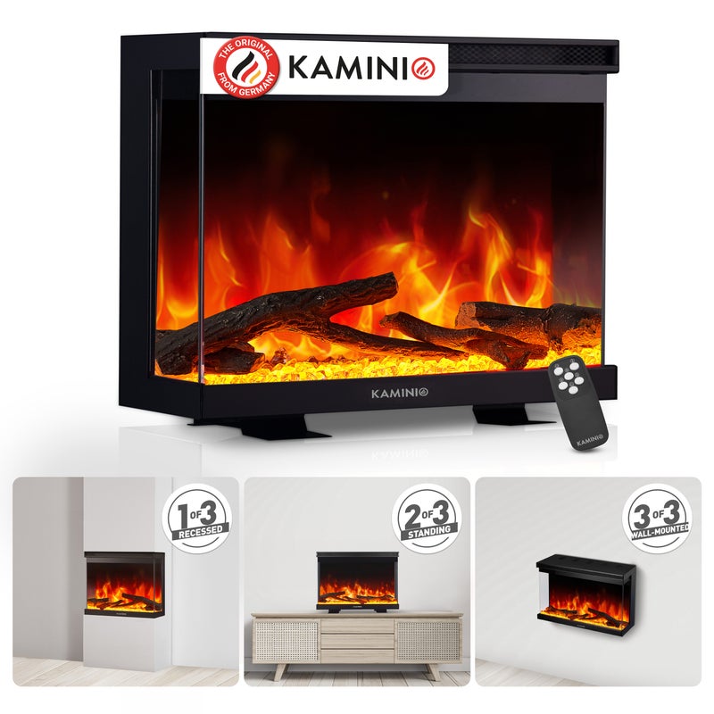 KAMINIO Kominek elektryczny LEA – kominek 3 w 1 z panoramicznym widokiem, ogrzewaniem, efektem płomienia, 12 kolorami płomienia, pilotem – 30 cale
