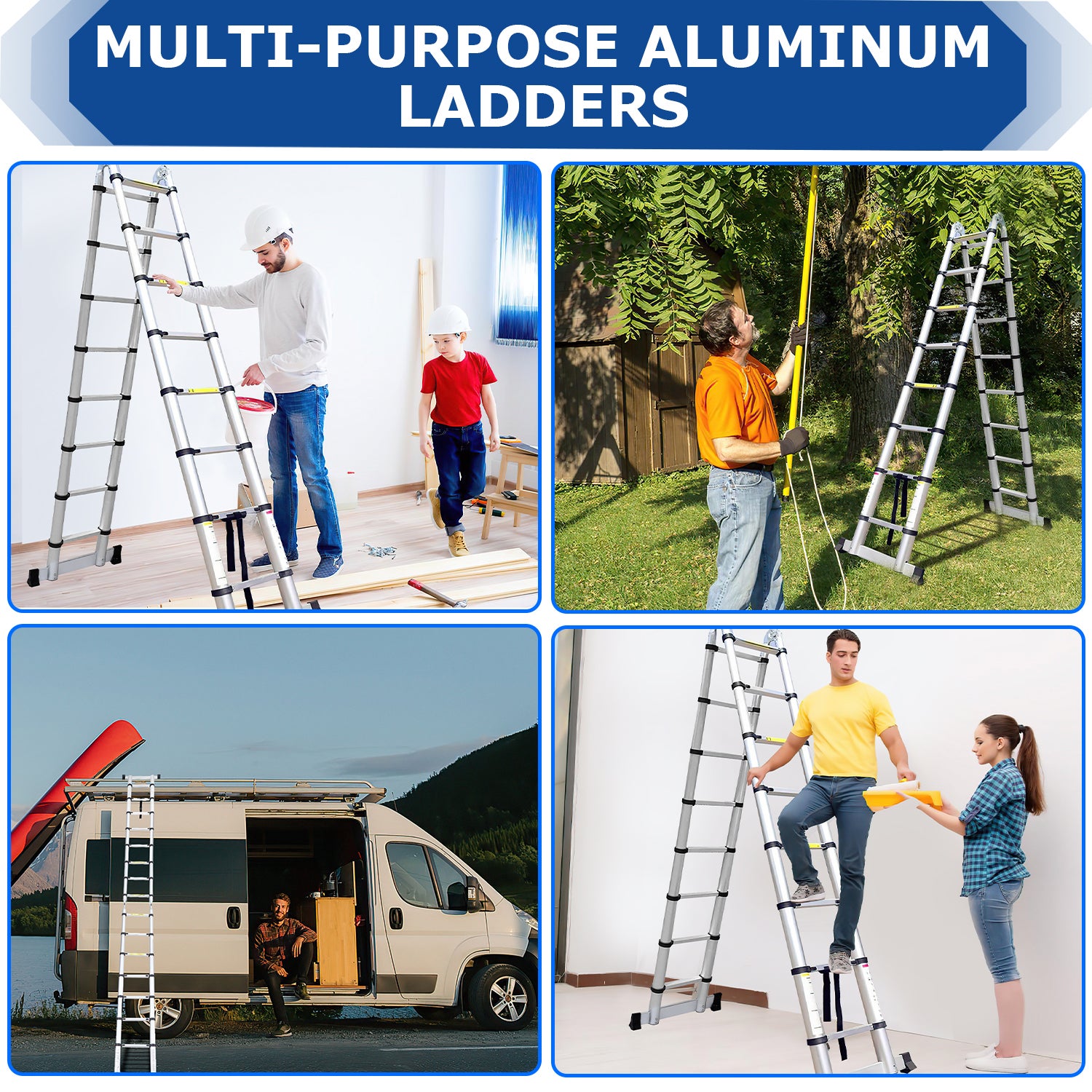 Aluminium Échelle pliante 2,5m+2,5m Télescopique Pliable avec Mains Courantes Amovibles, Éxtensible Échelle Droite Simple, Charge max 150 kg - 7