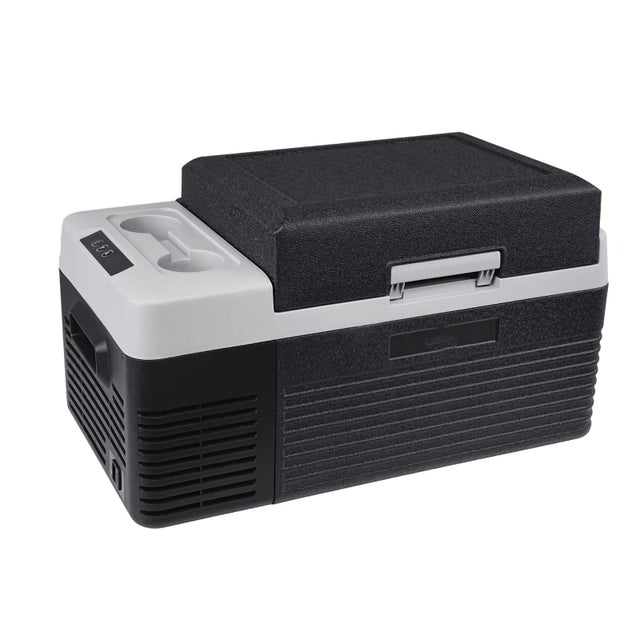 AUTRUCKER Frigorífico automóvel resistente a vibrações,congelador portátil congelação rápida, mini frigorífico de 20L com suporte para copos integrado