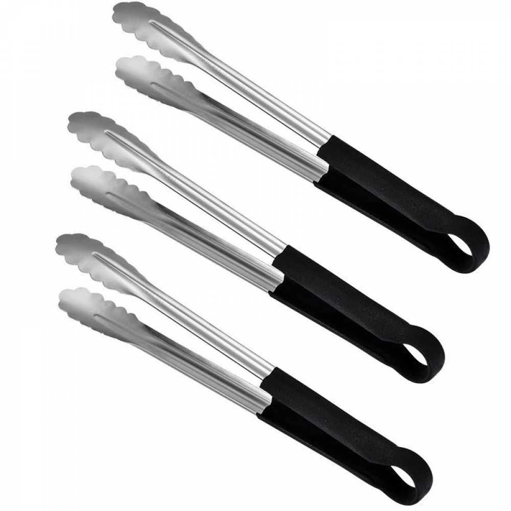 Szczypce do grillowania, stal nierdzewna, uchwyty antypoślizgowe, do gotowania i grillowania, czarno-srebrne, zestaw 3 szt.