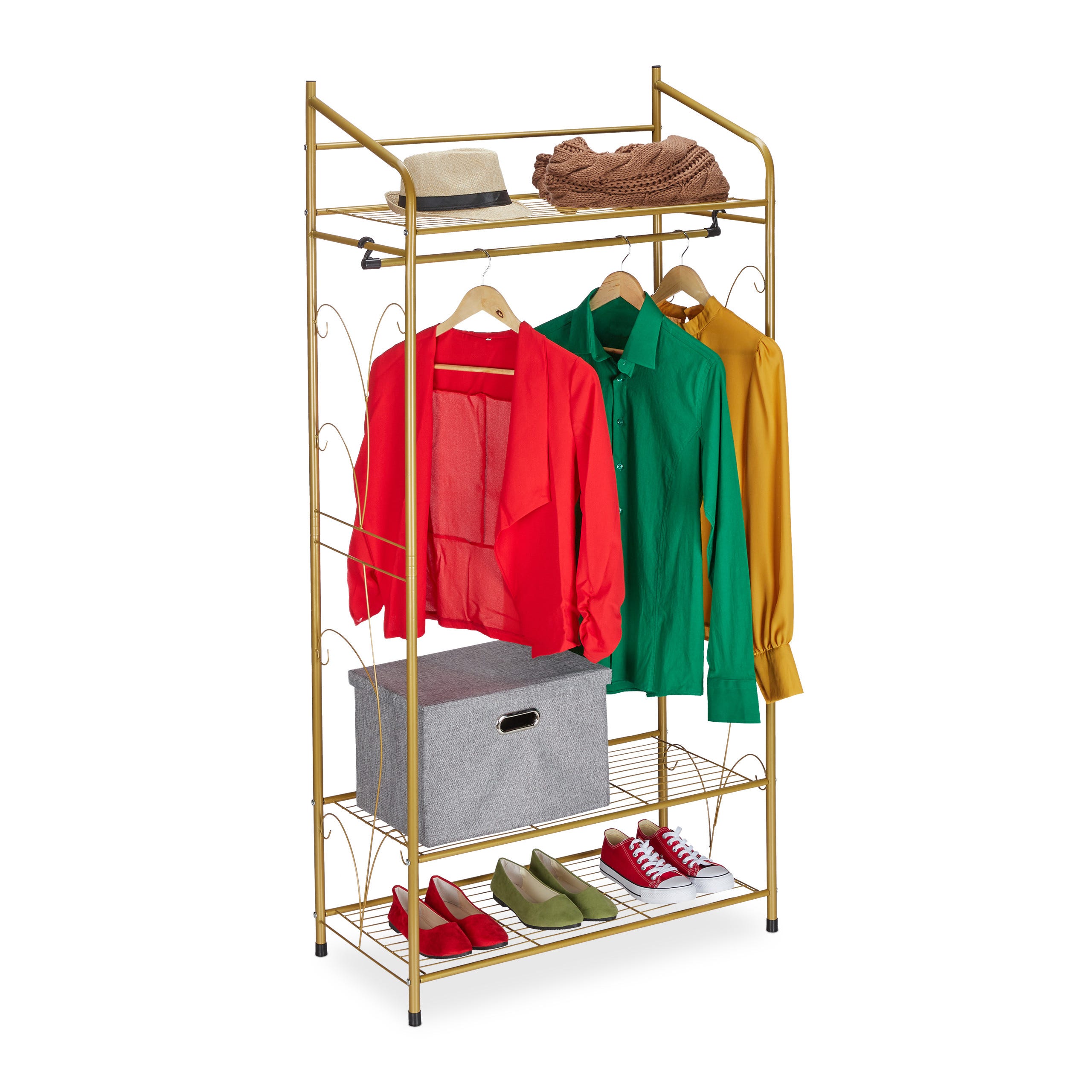 Relaxdays Penderie métal, Garde-Robe Porte-Manteau, HxLxP : 161 x 78 x 36 cm, 3 étagères & Tringle à vêtements, doré Relaxdays Penderie métal, Garde-Robe Porte-Manteau, HxLxP : 161 x 78 x 36 cm, 3 étagères & Tringle à vêtements, doré