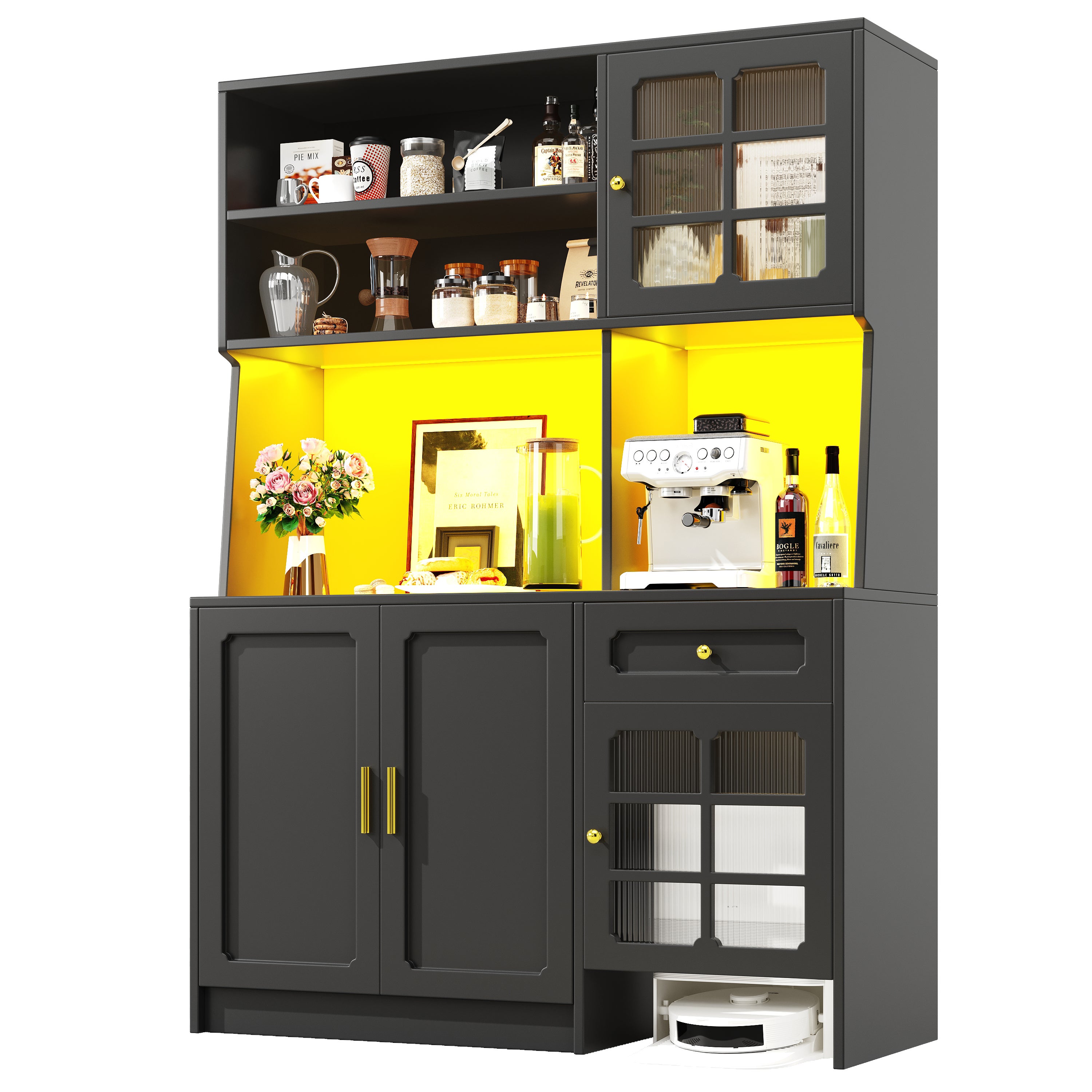 Buffet de cuisine avec 4 portes et 1 tiroir, vitrine - 130 x 45 x 180 cm - LEDs - MDF et verre - Noir - 8