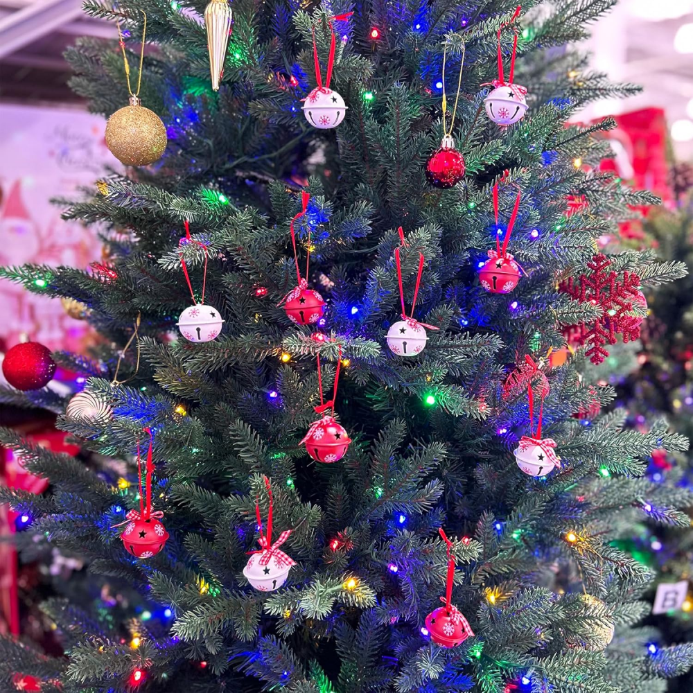 Conjunto de 12 sinos de Natal e guizos, enfeites para árvore de Natal, padrão de floco de neve, pingentes de sino vermelhos e brancos. - 4