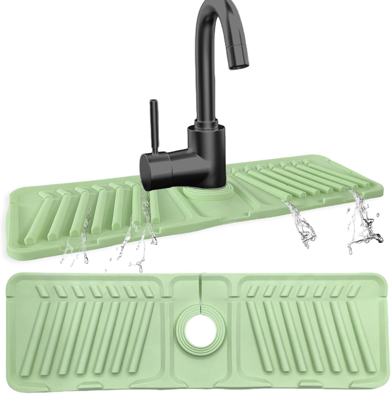 Mata ociekowa silikonowa pod kran – 44 x 14 cm – z otworami do wycinania, nachylenie 7°, składana pod kątem 90° – zielona