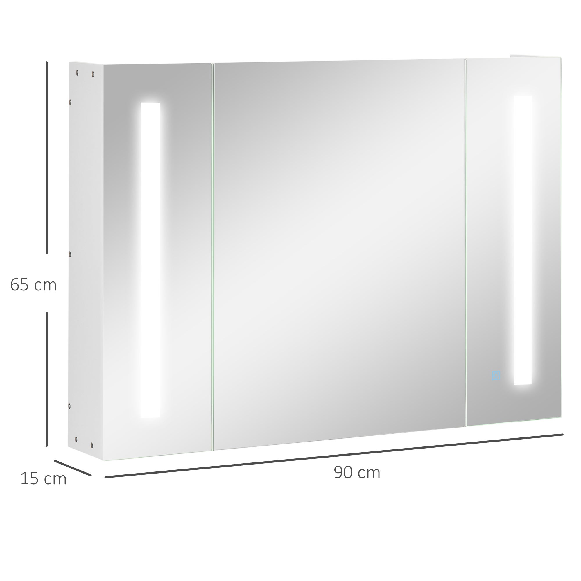 kleankin Armadietto Specchiera da Bagno con 3 Armadietti, 3 Ripiani e Luce LED, 90x15x65 cm, Bianco - 3