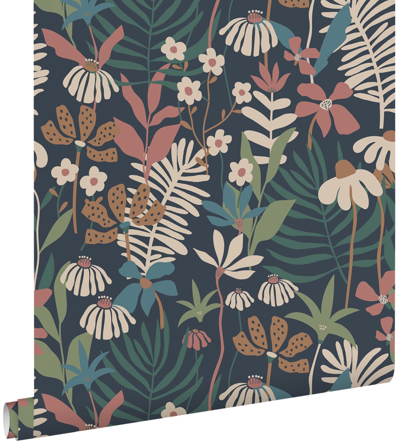 Tapeta tropikalne liście i kwiaty ciemnoniebieskimIw wielu kolorach - 50 x 900 cm - ESTAHOME