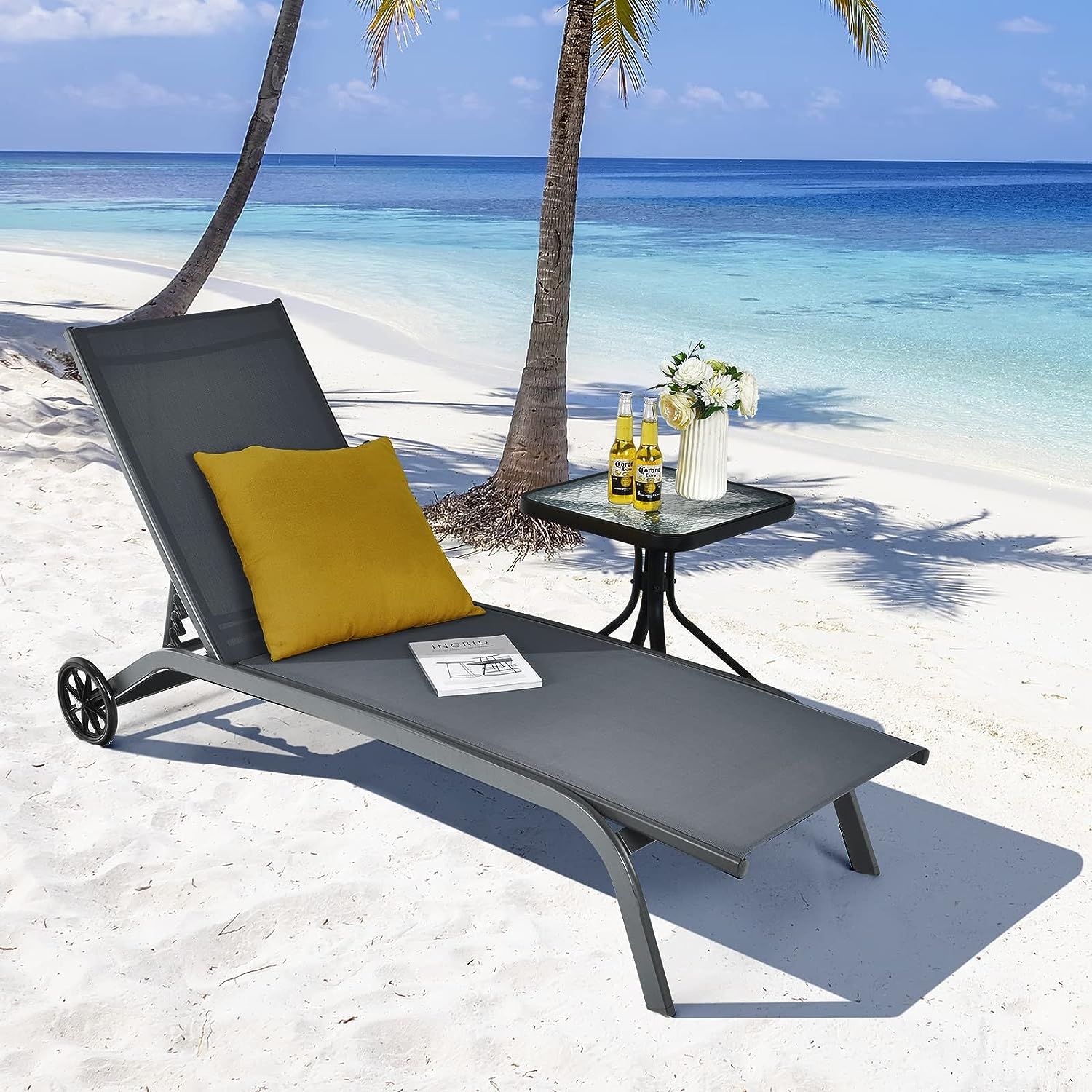 Bain de Soleil Inclinable à Dossier 6 Niveaux, Transat Jardin Exterieur avec Roues, Auvent Réglable, Charge 150 KG (Gris,Style 2) - 3