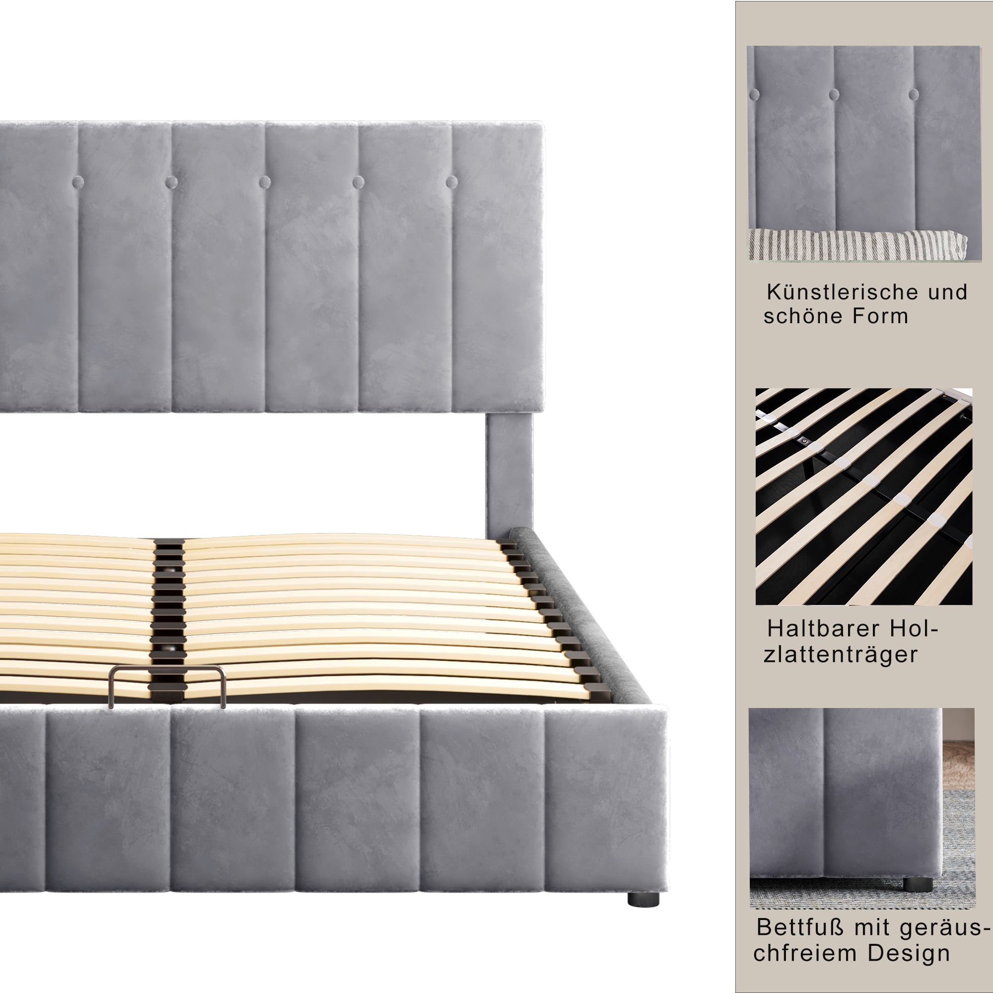 Cama contenedor con cabecero ajustable - 140 x 200 cm - terciopelo - somier de láminas - estilo escandinavo - gris - 4