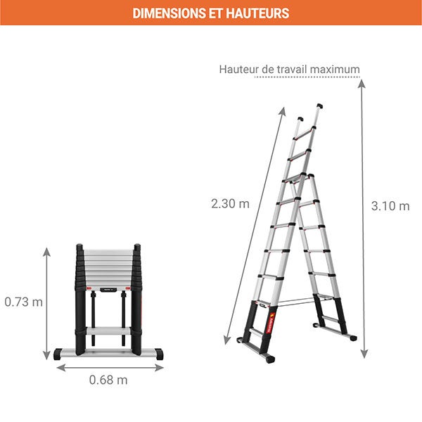 Escabeau télescopique - Hauteur max. de travail 3.10m - Porte-outils - TEL-72423/9202-101 - 2