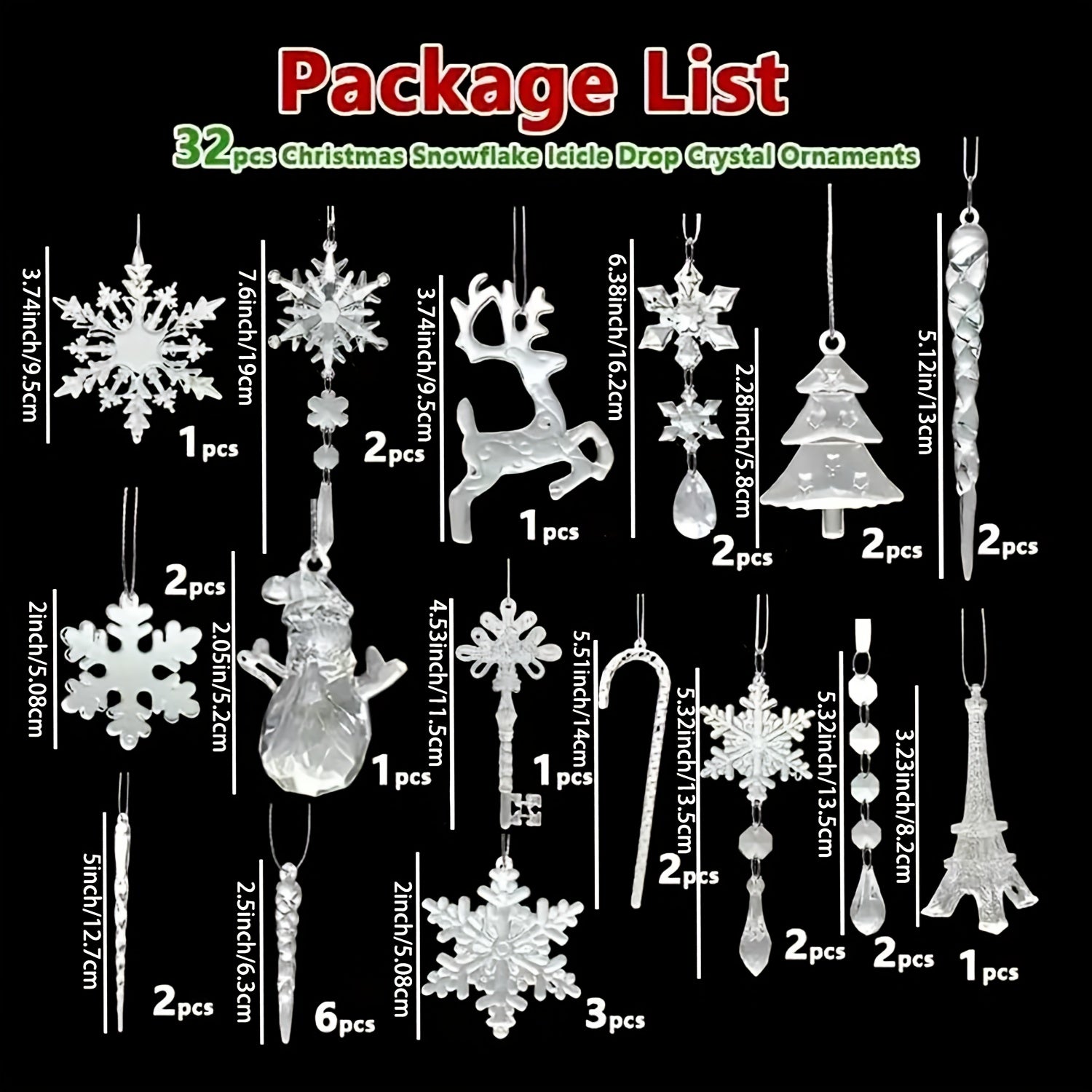 Conjunto de 32 enfeites de Natal em cristal, pendentes em acrílico em forma de floco de neve para pendurar na árvore de Natal e na festa de Ano Novo. - 2