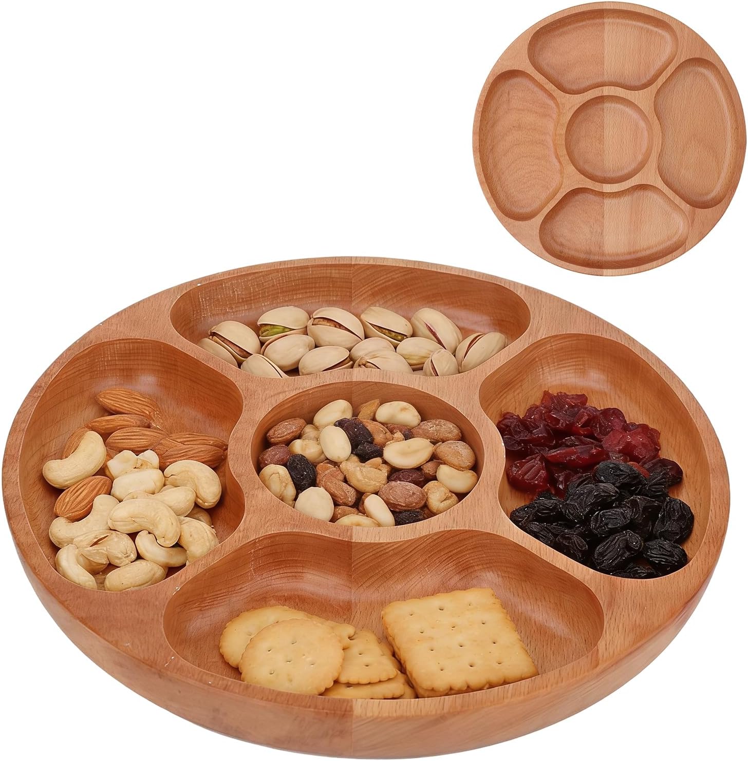 Bandeja redonda de madera, dividida en compartimentos para comida, postres y aperitivos (30 cm).