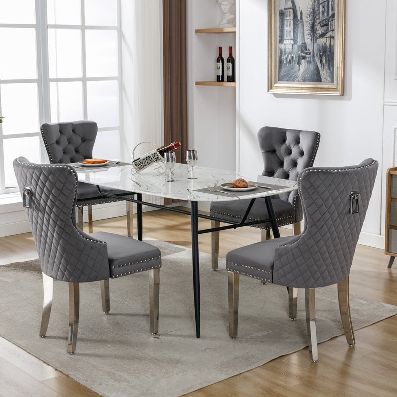 Komplet 4 krzeseł do jadalni bez podłokietników - 52 x 63,5 x 94,5 cm - Aksamit i srebrne metalowe nogi - Szary