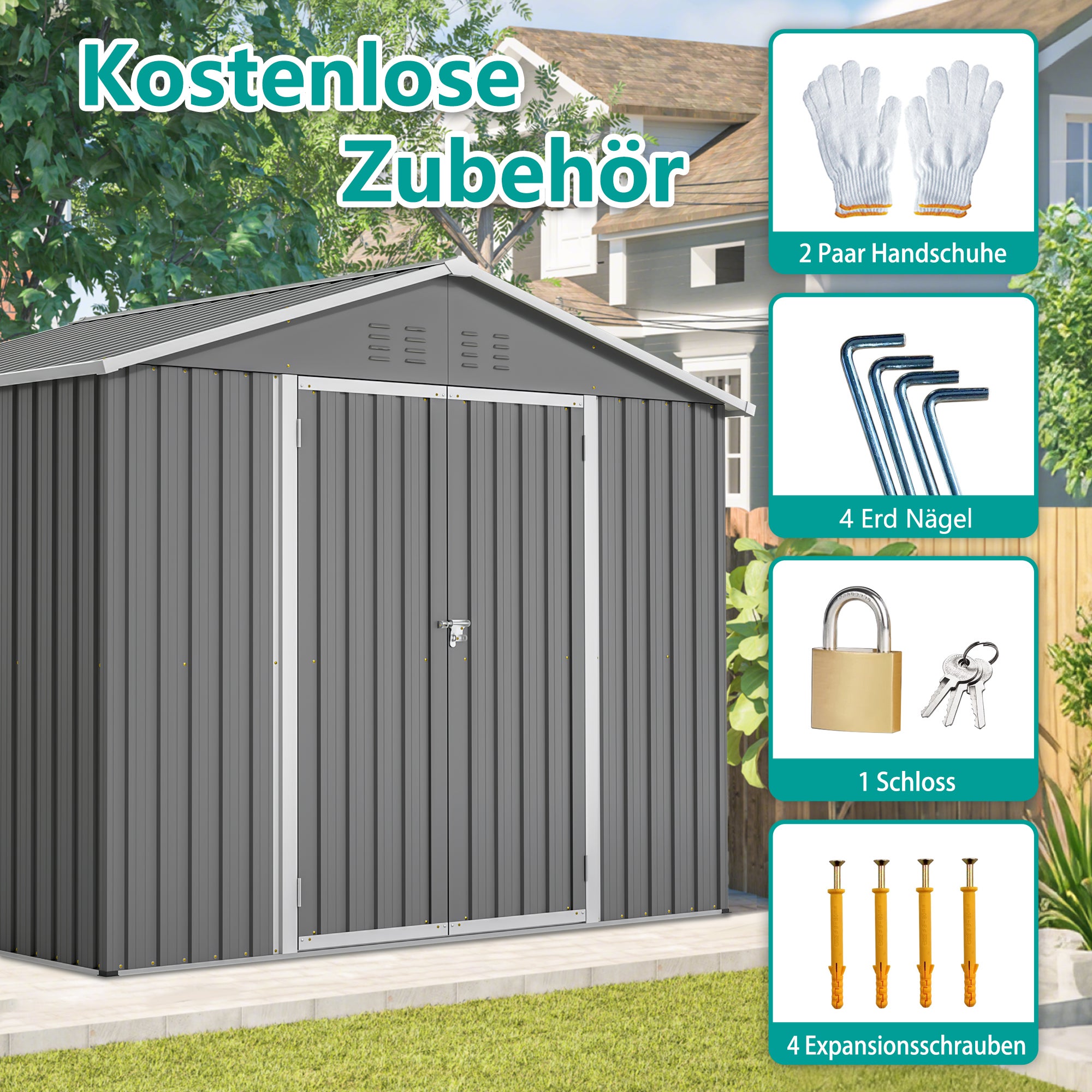 Caseta de jardín metálica con Techo 4,61 m²/240x192x191 cm, caseta para herramientas de acero galvanizado, Cobertizo Jardin Exterior - Gris antracita - 7