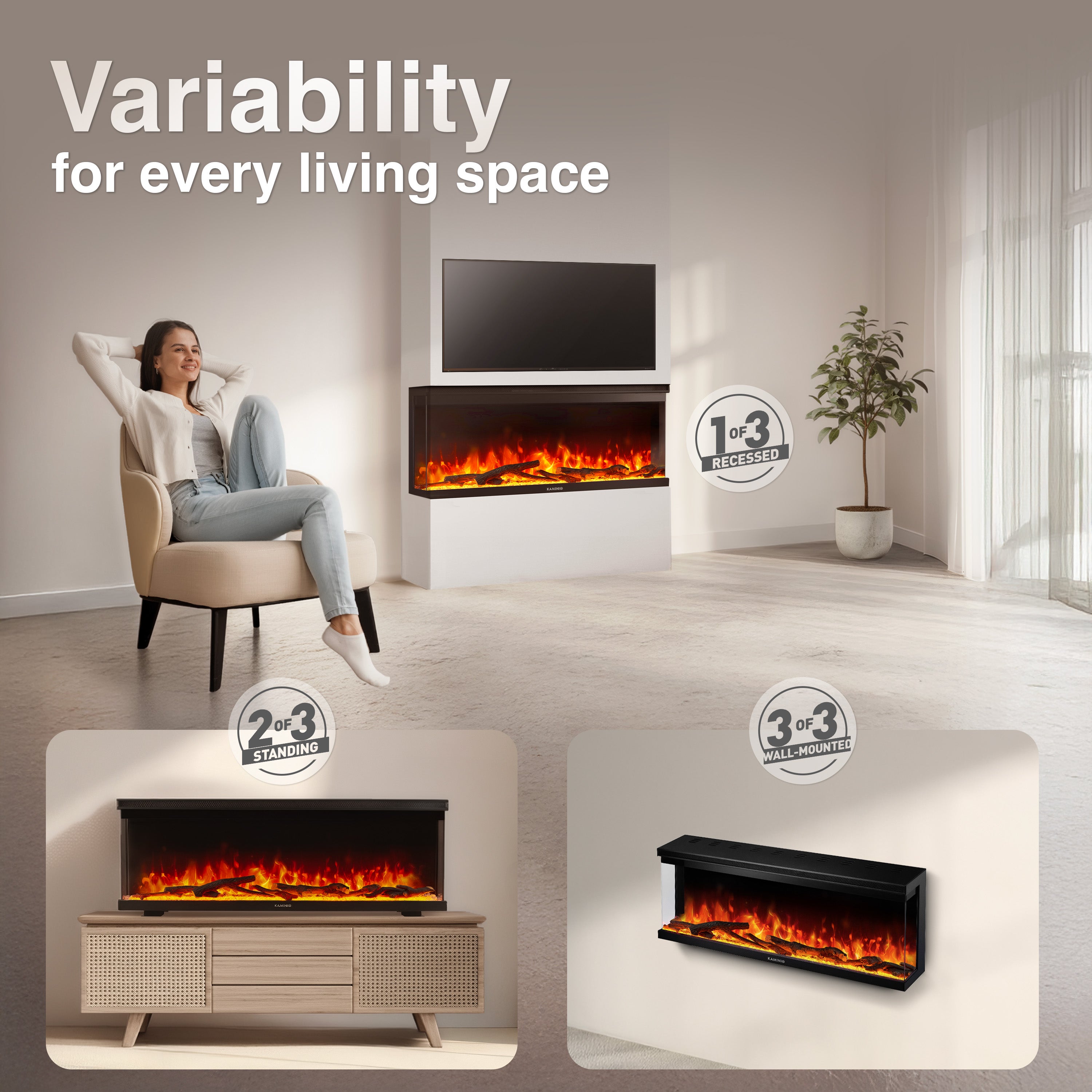 KAMINIO Chimenea eléctrica LEA - Chimenea 3en1 con vista panorámica, calefacción, llama 3D, 12 colores de llamas, mando a distancia - 42 pulgadas - 2