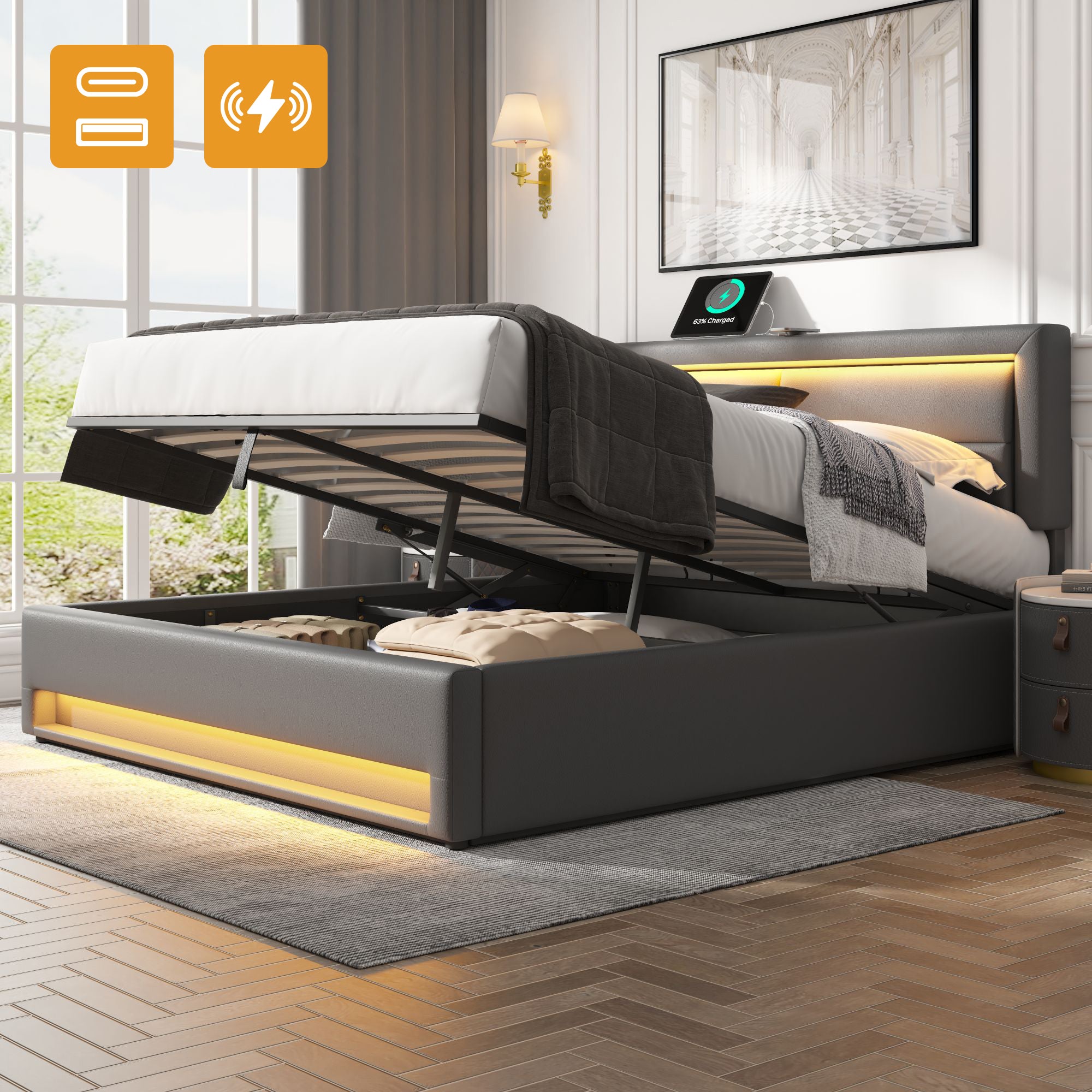 Lit 140x190 cm - Port USB (ładowanie przewodowe/bezprzewodowe) - Oświetlenie LED 12 kolorów - Przechowywanie - Design PU-Lychee szary