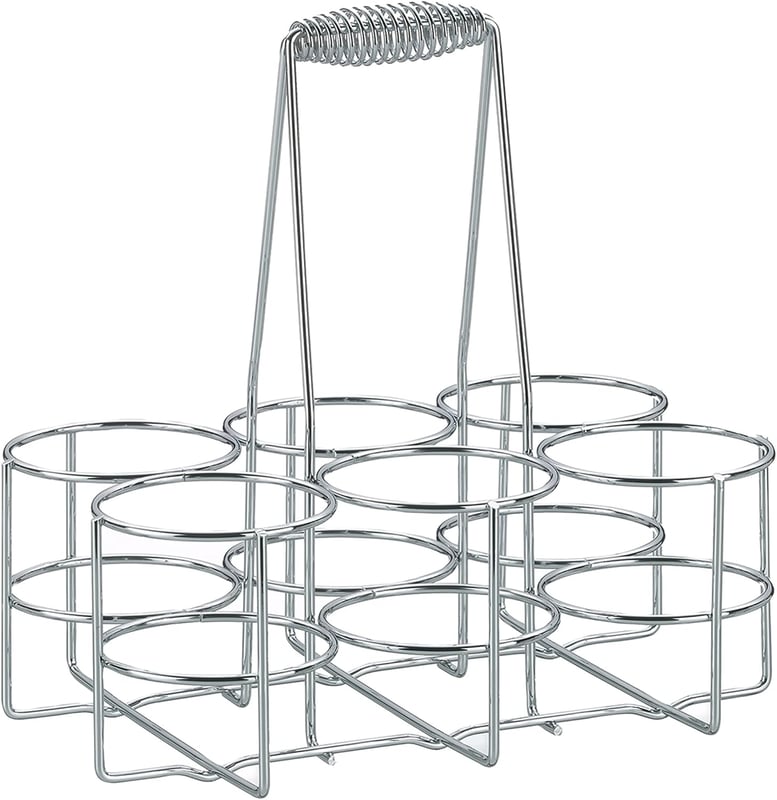 1 zestaw, koszyk na butelki z metalu chromowanego 22,5 x 15 x 28 cm, średnica wewnętrzna pierścienia 6,8 x wysokość 10 cm, mieści 6 butelek