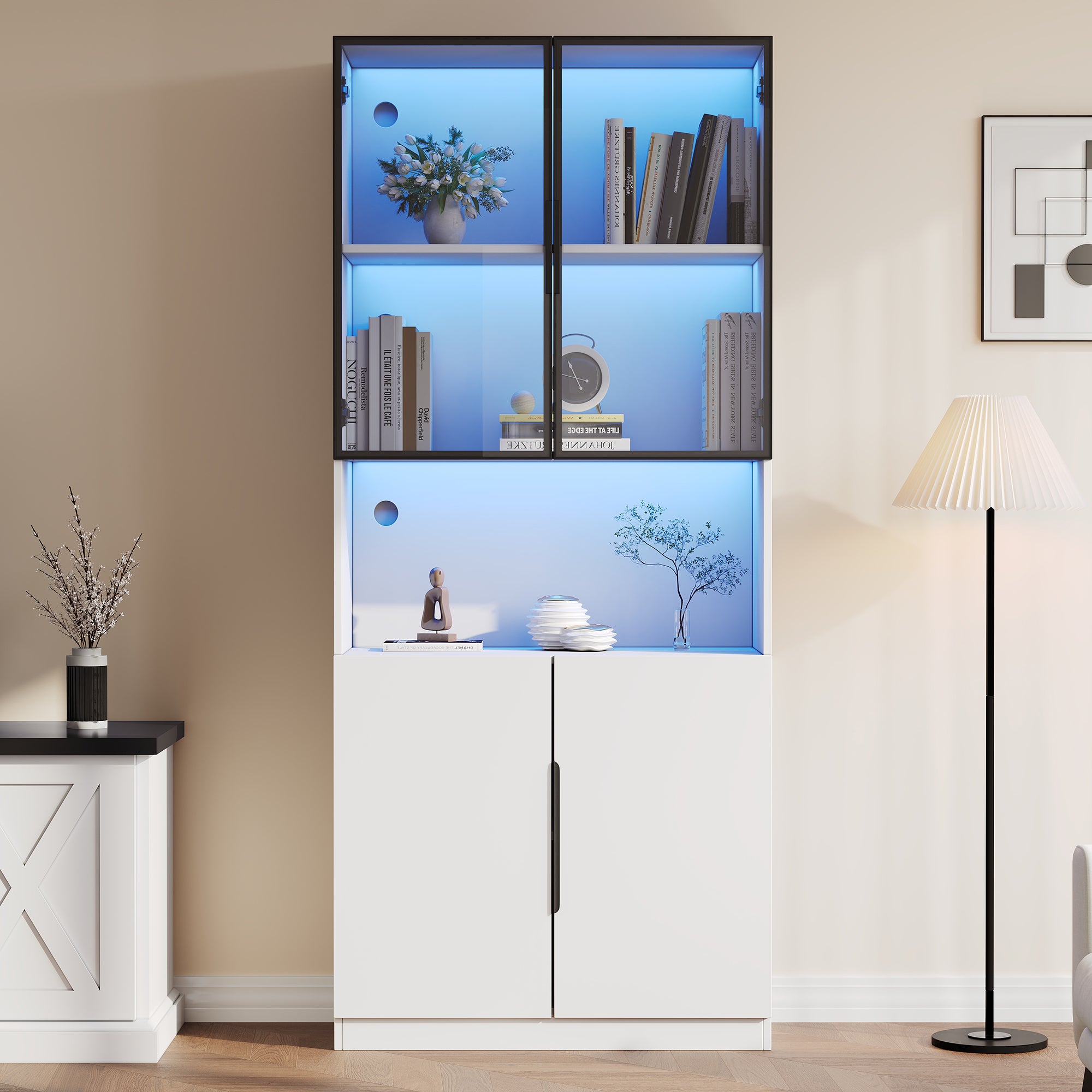 Witryna z 2 drzwiami szklanymi i 2 drzwiami drewnianymi - 80 x 30 x 200 cm - Diody LED - Płyta wiórowa - Biała