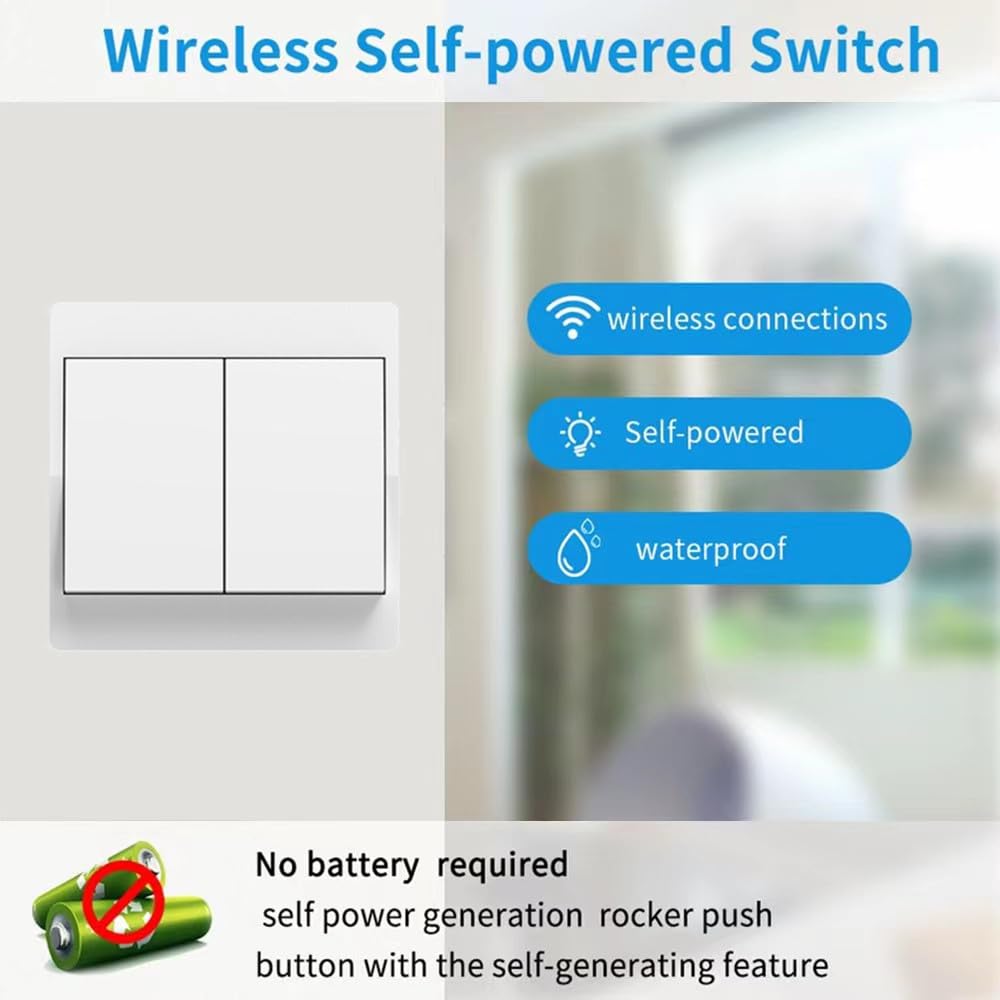Interrupteur sans fil RF433, télécommande murale bidirectionnelle, auto-alimenté, portée 50 m, sans câblage ni pile (2 récepteurs + 2 interrupteurs) - 3