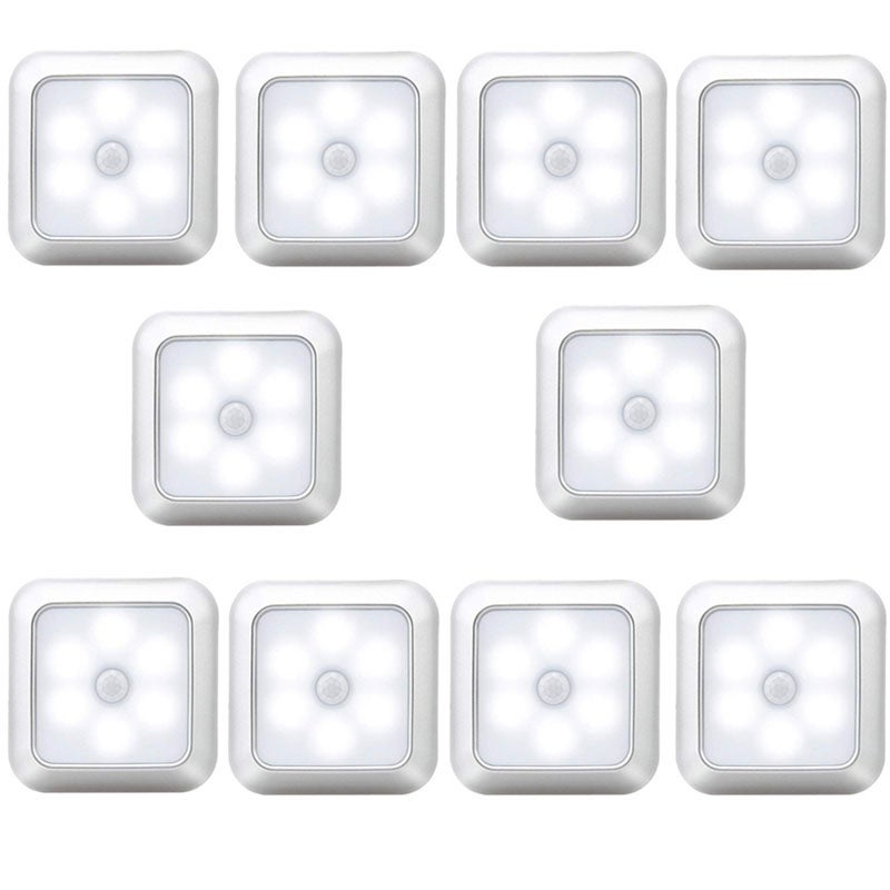 Lampka nocna z czujnikiem wewnętrznym, bezprzewodowe światło LED, srebrne białe światło, 8x8x2cm, 10 sztuk