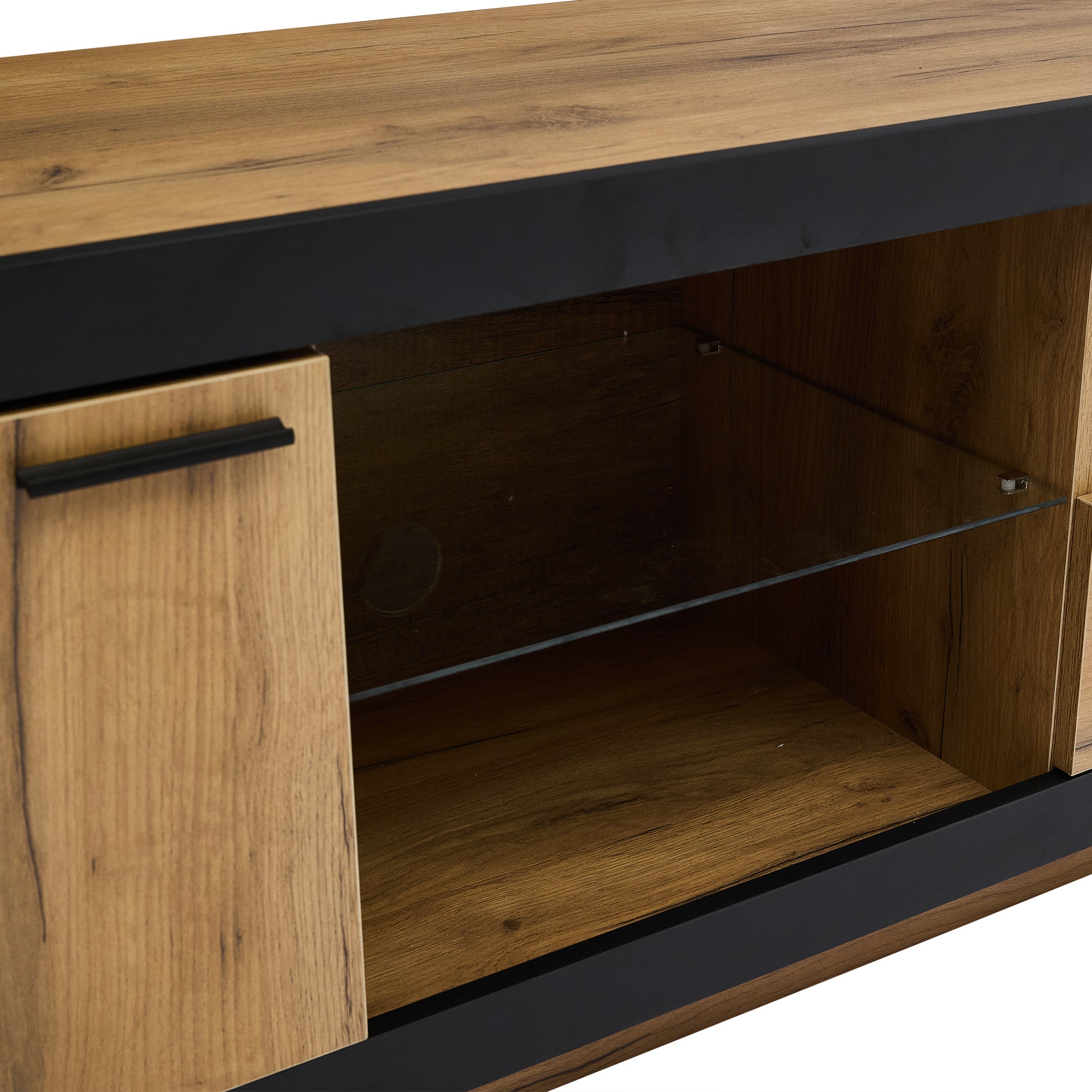 Meuble TV avec 1 porte, 1 tiroir et 2 compartiments - 160 x 40 x 50 cm - Panneau de particules et étagère en verre - LEDs - Noir et chêne - 3