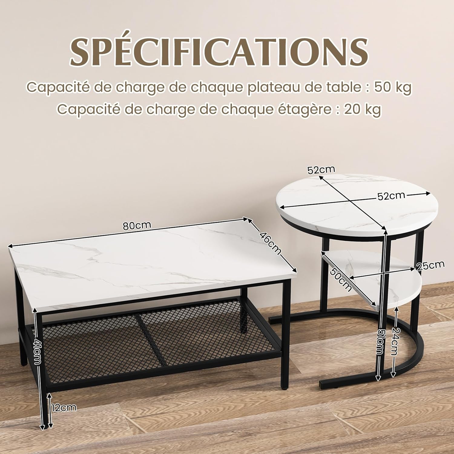 Tables Basses Gigognes Lot de 2,Table Gigogne Design Marbre,Cadre en Métal,Table Salon Rectangulaire - 4