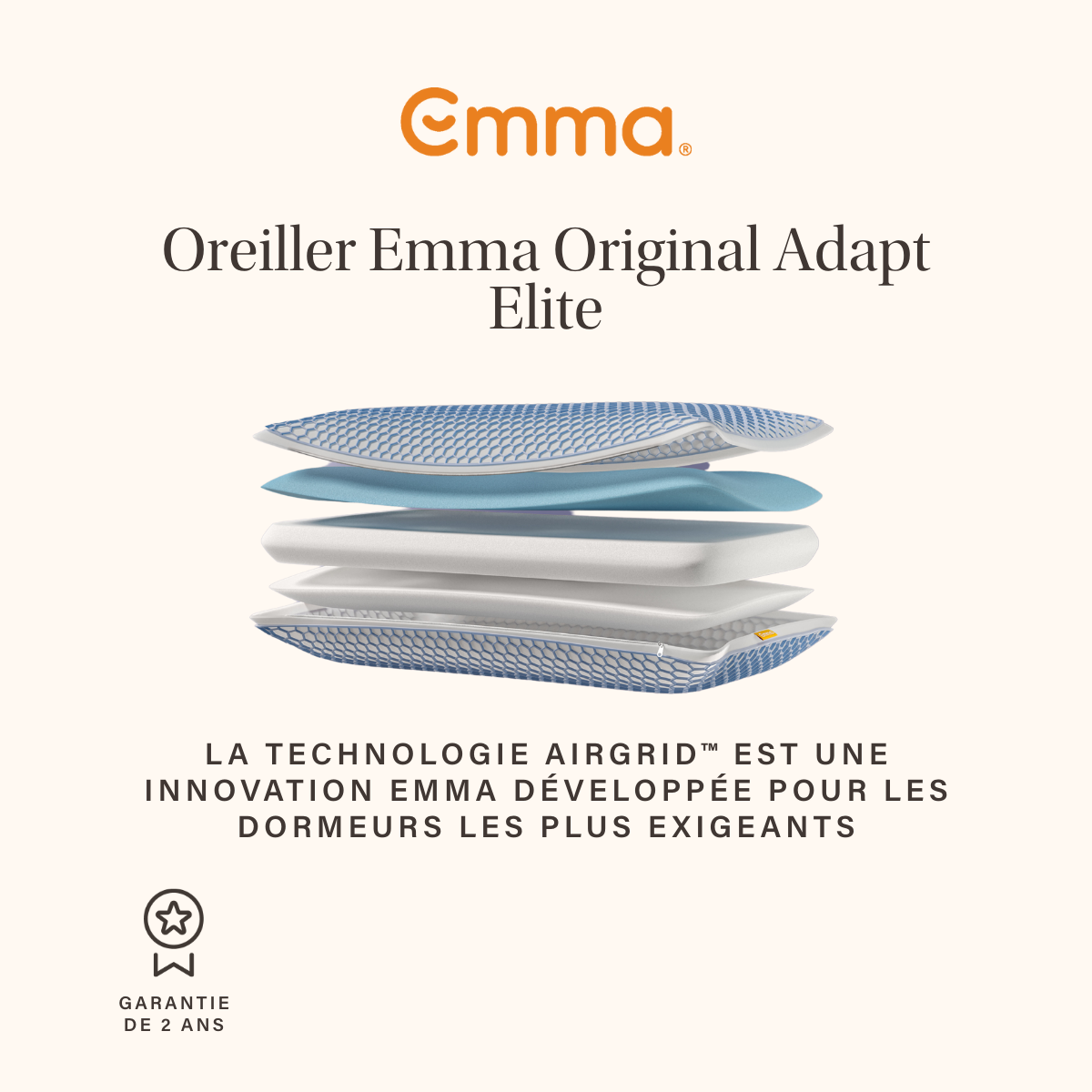 EMMA | Oreiller Emma Original Adapt Elite 40x70 cm | Mémoire de Forme Ergonomique | AirGrid® Ultra Respirant| Housse Lavable - 3