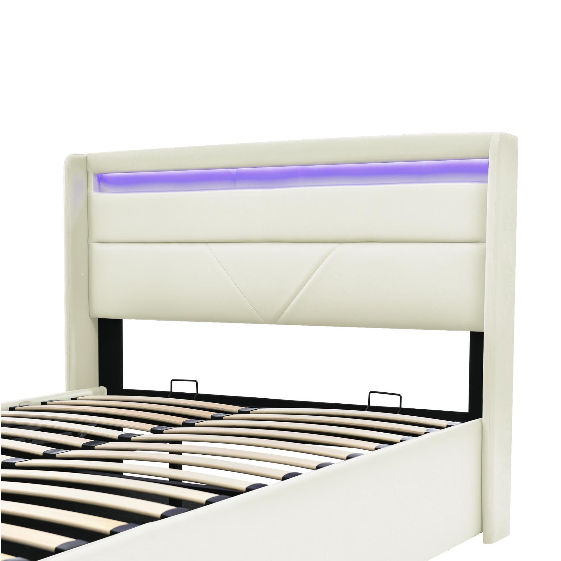 Łóżko z pojemnikiem 140x200cm z ekoskóry z LED - z stelażem na listwy - Białe - 6