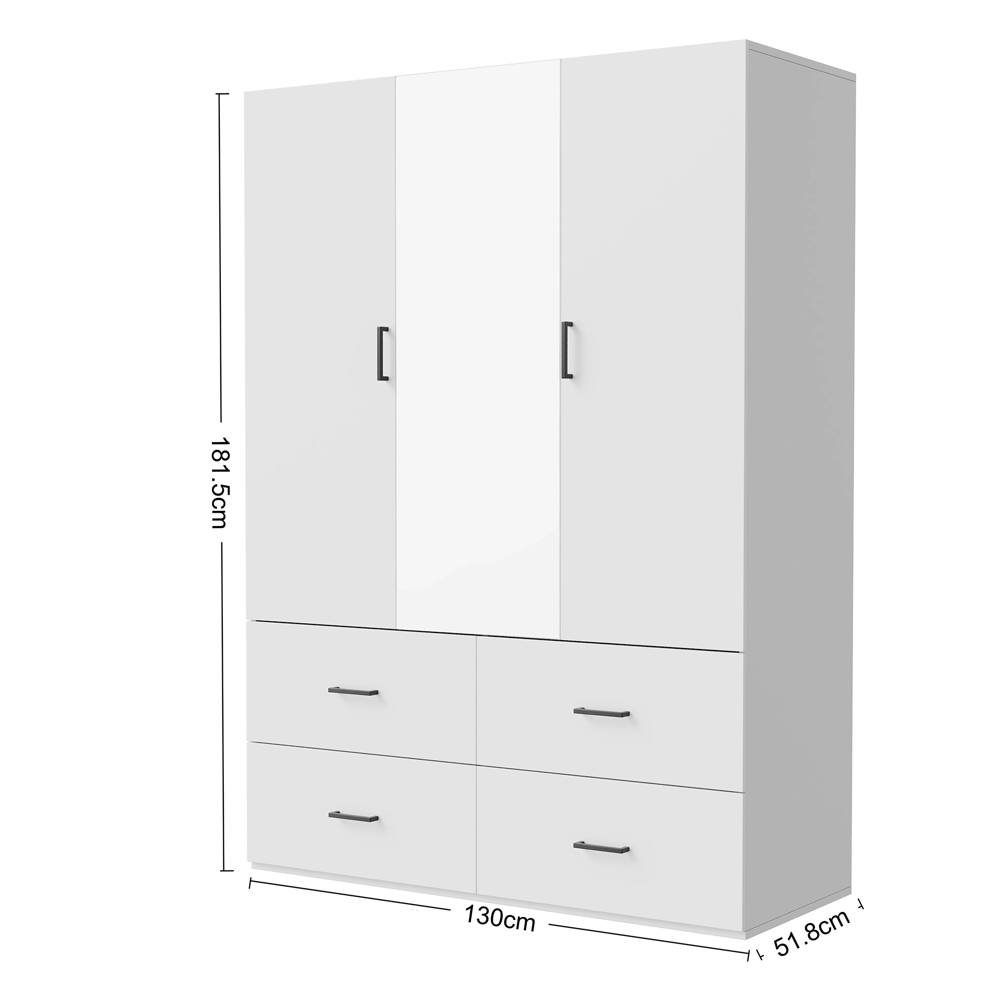 Armoire 2 portes et 4 tiroirs-L130 cm-étagères+penderie-Avec miroir-Kit dressing design simple-meuble chambre-Blanc - 3