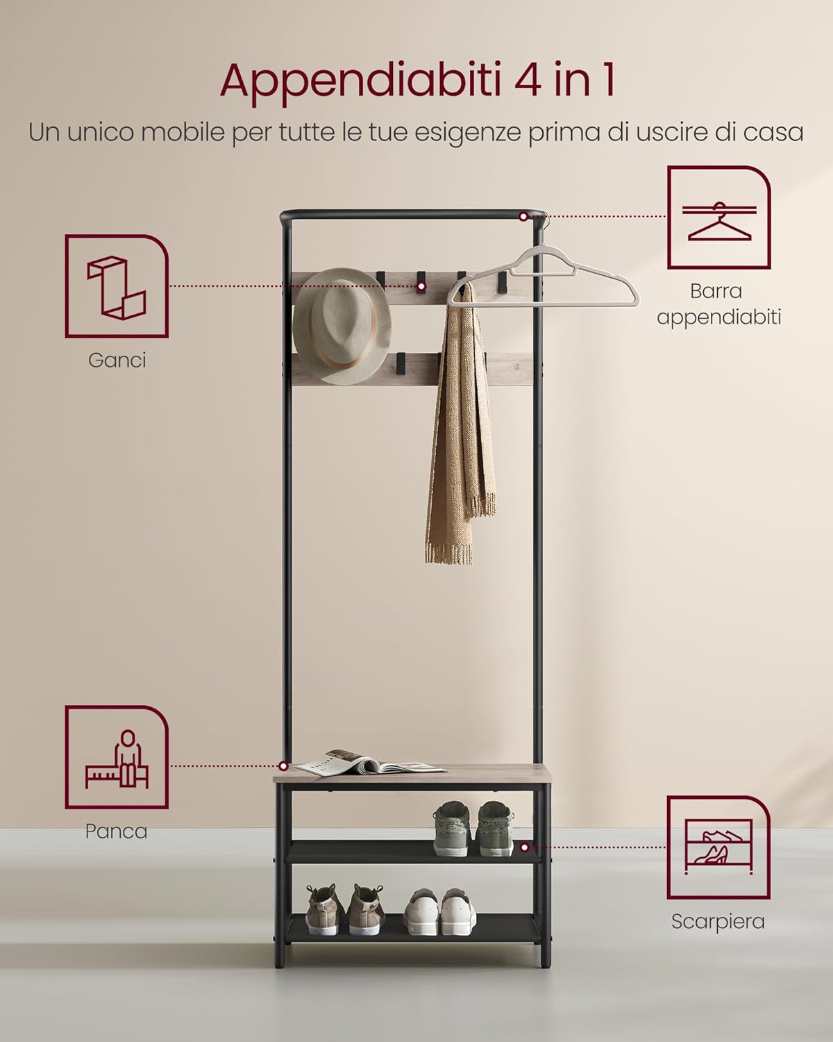 Appendiabiti con Panca Scarpiera, 9 Ganci Rimovibili, Barra Appendiabiti, 32,2 x 64 x 180 cm, Greige e Nero - 3