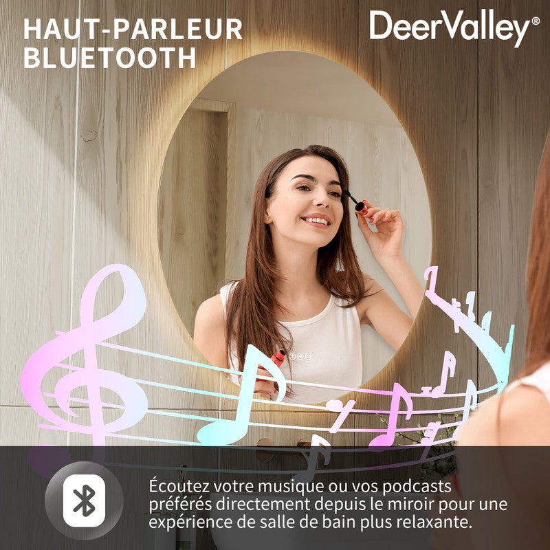 Miroir de Salle de Bain LED Rond DeerValley 80x80cm - Rétroéclairage Dimmable, Antibuée, Incassable, Bluetooth, 3 Températures - 5