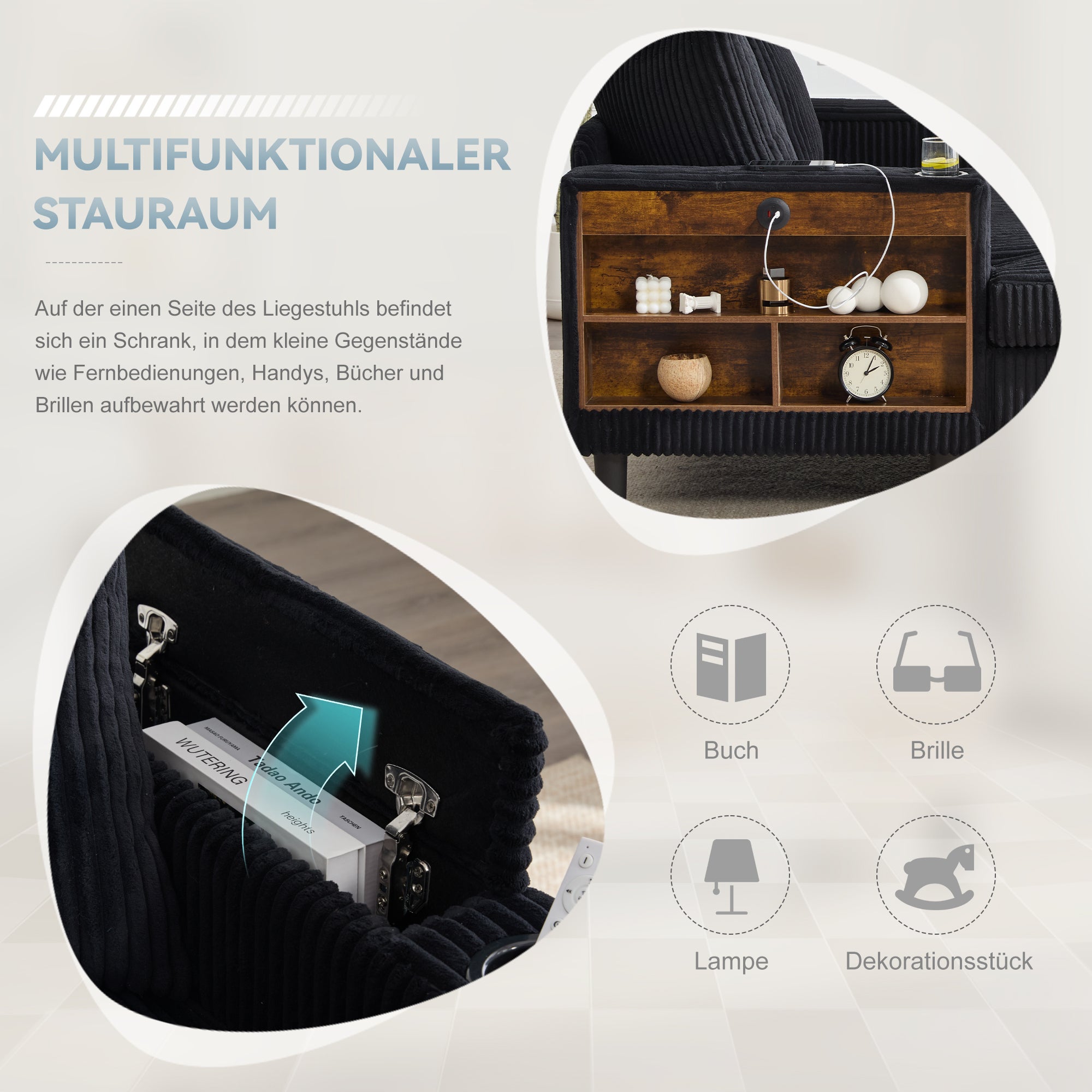 Canapé longue multifonction en velours côtelé avec LED port USB porte-gobelets, rangement, poche latérale 3 coussins salon maison - 8