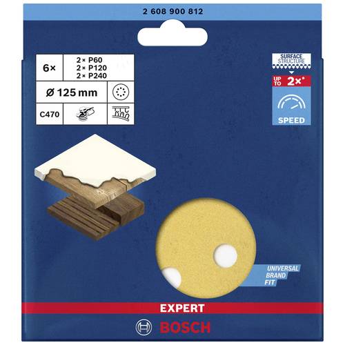 Bosch Professional 6x Set Carte Abrasive Expert C470 con 8 Fori per Legno Duro, Vernice su Legno, Ø 125 mm, Grana 60/120/240, Accessorio Levigatrice R - 2