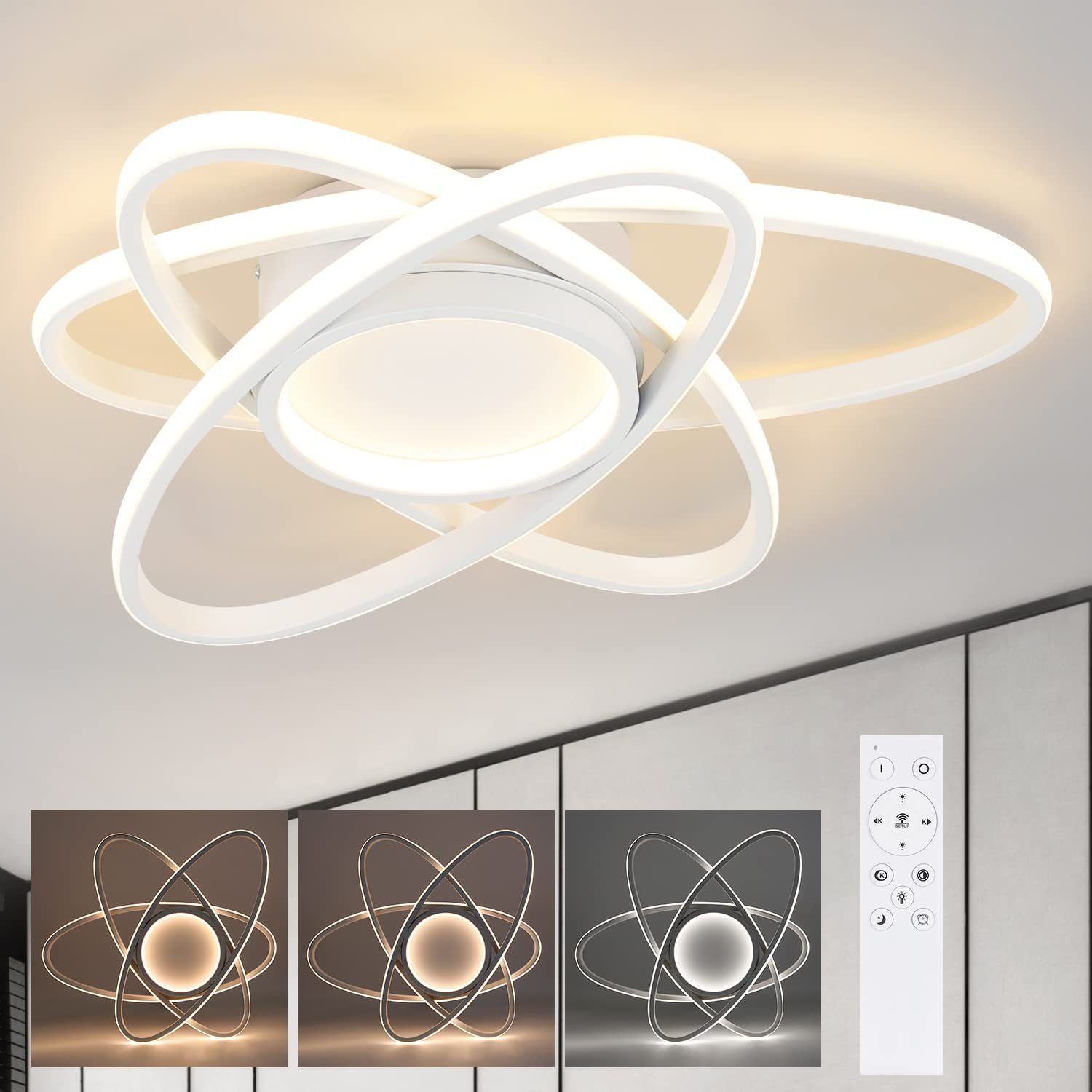 ZMH Nowoczesna lampa sufitowa LED do salonu z 3 owalnymi lampami, 3000-6500K, z pilotem