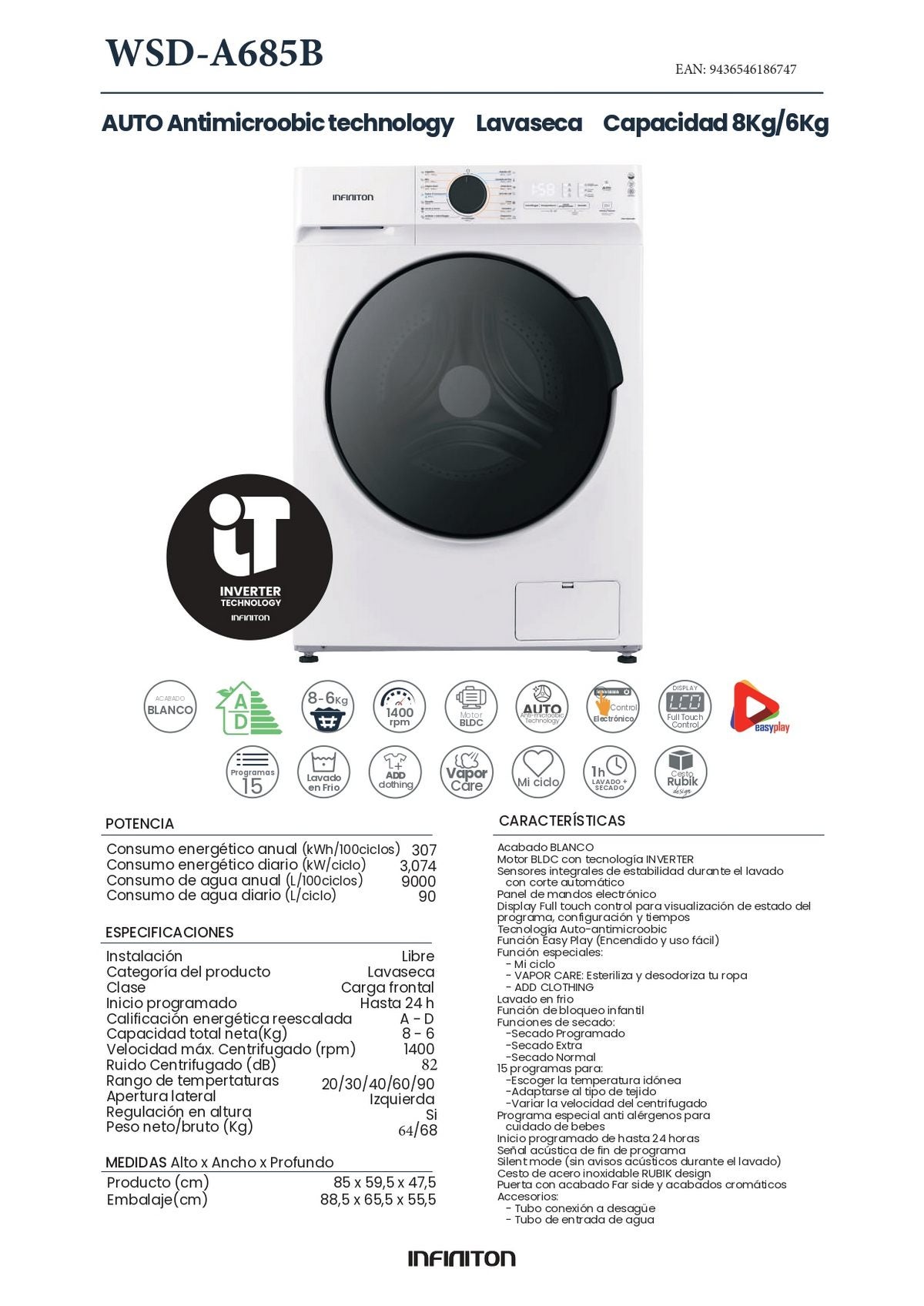 Lavaseca INFINITON WSD-A685B, 8 kg / 6 kg, 1400 rpm, A/D, Inverter, Blanco - 8