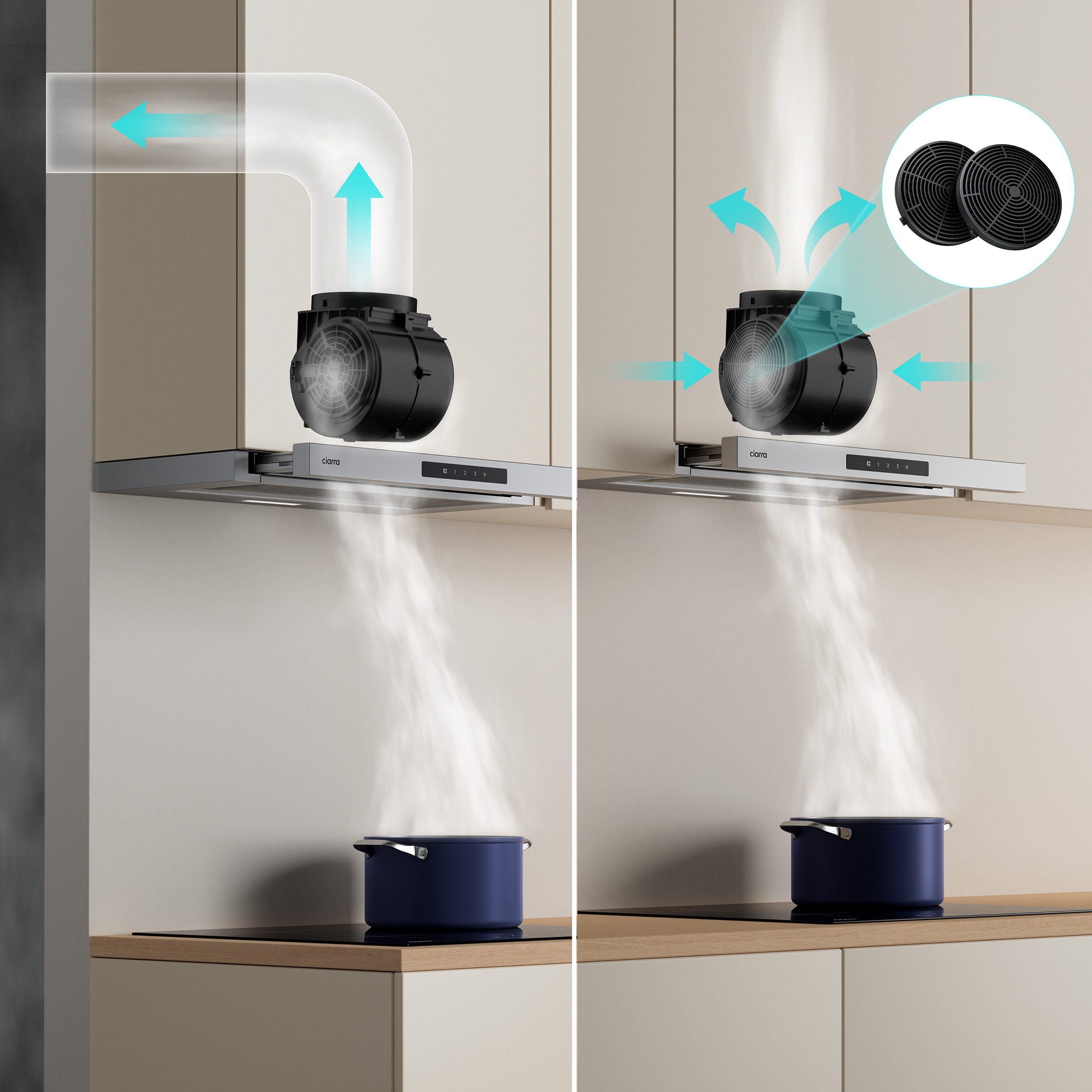 CIARRA Campana convencional 60cm 580m³/h A+ 3 velocidades Control táctil LED Pantalla Reciclaje y extracción Inox CD6909AS - 7