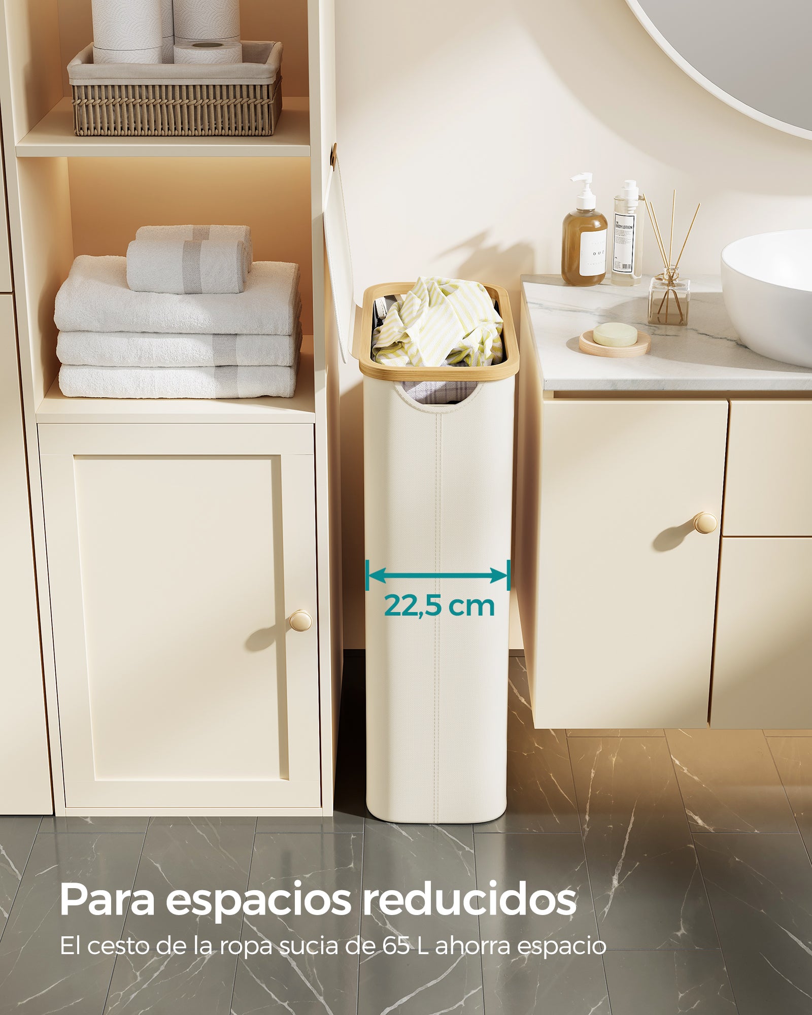 Cesto de Ropa Sucia con Tapa, 65 L, Delgada, Forro de Malla Extraíble, Asas Bambú, Plegable, 42 x 22,5 x 70,5 cm, Blanco - 3