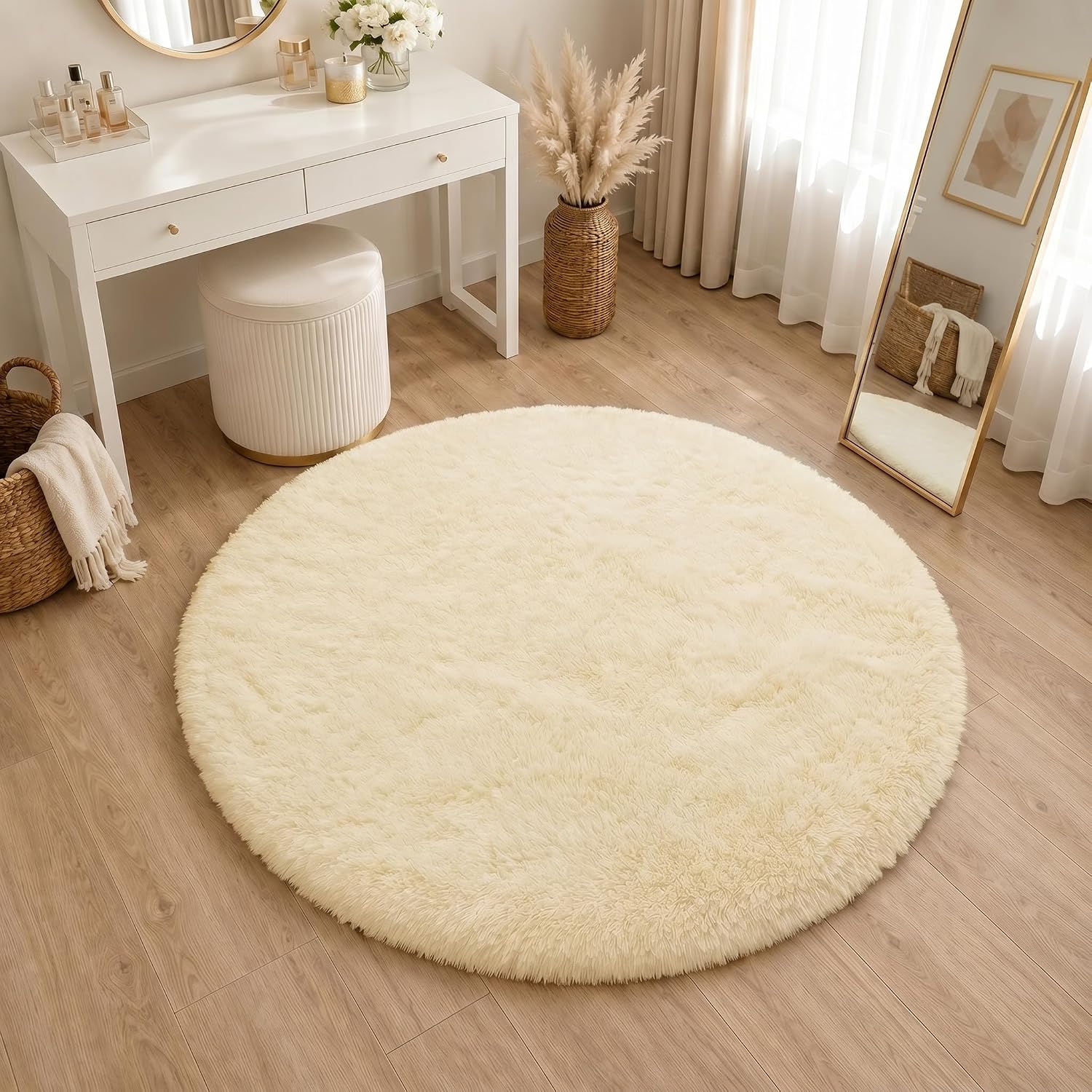 Covor rotund cream, shaggy, diametru 120 cm, moale și pufos pentru dormitor