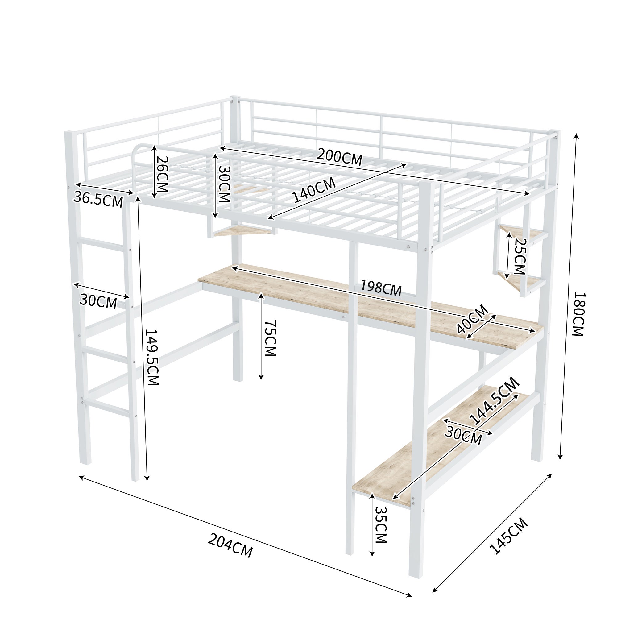 Letto a soppalco, struttura letto 140x200cm, letto in metallo, letto in ferro con scrivania, senza materasso, bianco - 5