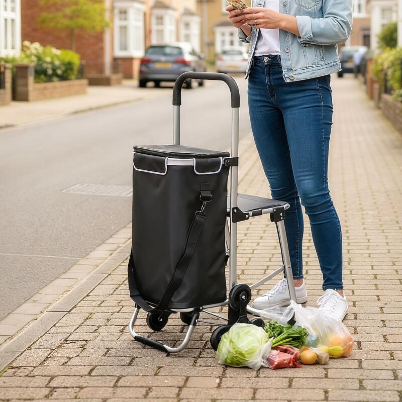 Chariot de courses pliable caddie de courses portable à roulettes avec siège pliable, sac amovible, 46x59,5x97cm, noir - 4