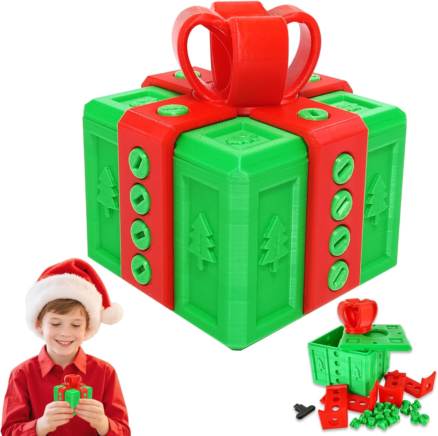 Boîte Cadeau Imprimée 3D Avec Nœud – Rouge Ou Vert, 6 Ou 8 Cm – Mécanisme Puzzle à 20 Vis – Pour Bijoux, Argent, Surprises – Dès 8 Ans