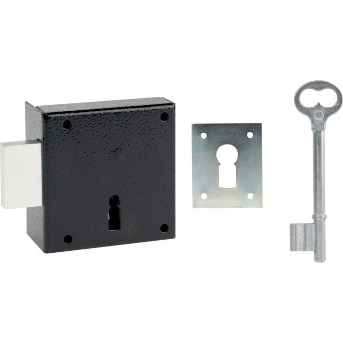 Serrure à Gorge En Applique Noire Droite à Fouillot - Clé L - Axe à 52