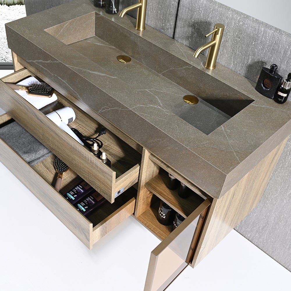 Meuble salle de bain double vasque 120cm bois et effet marbre marron avec miroir LED LB-8512M-120 - 4