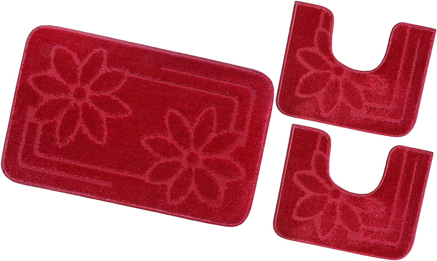 Juego de 3 alfombrillas de baño para inodoro lavabo moderna suave antideslizante absorbente color sólido flor rojo